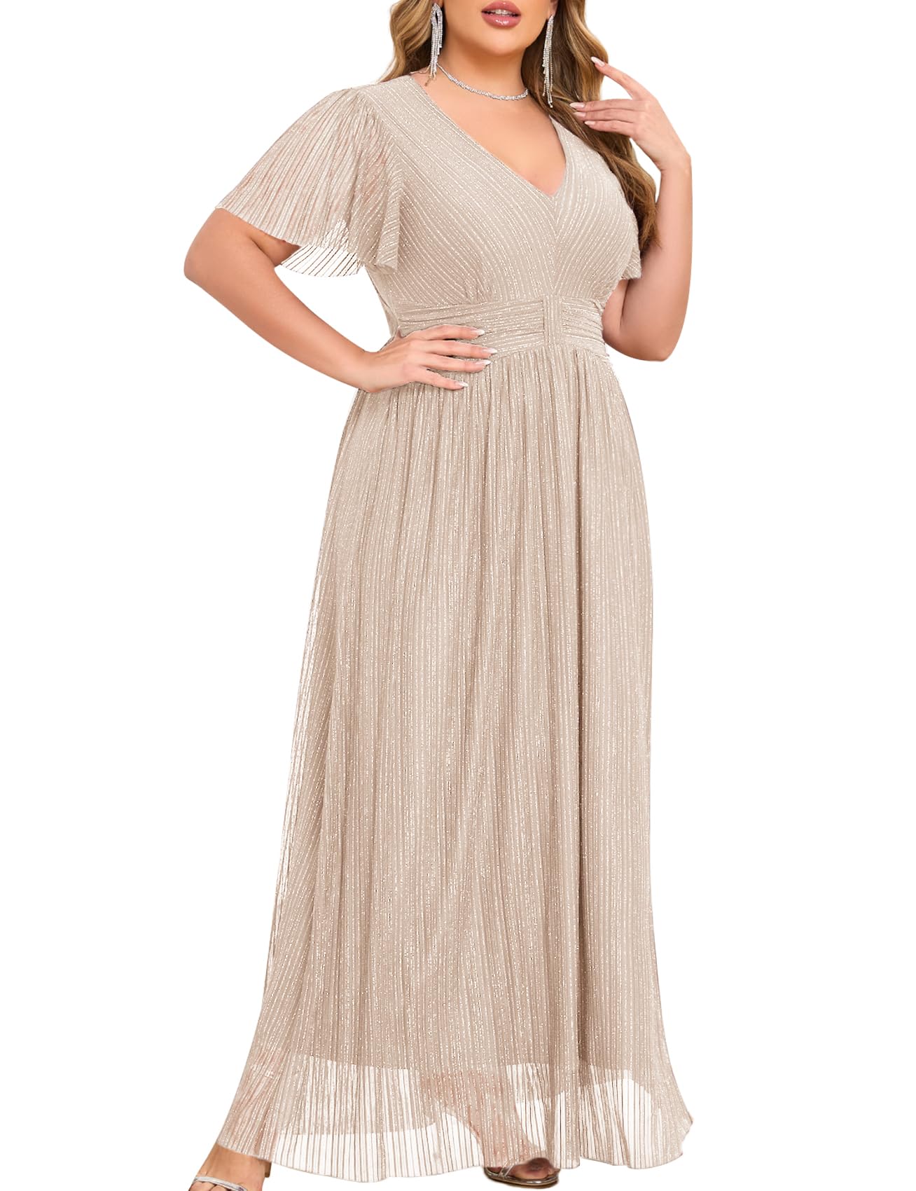 ZOMVA Plus Size Maxi Formal Dress Sparkly V-Neck A-line Ruffle Sleeves Evening Gown Cocktail Prom Lace