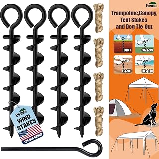 Eurmax USA Canopy Tent Stakes Dog Tie Out Stakes Corkscrew Shape Steel Trampoline Stakes with Iron Rod Installation Tool & 4 Wind Ropes - Set of 4 (Black)