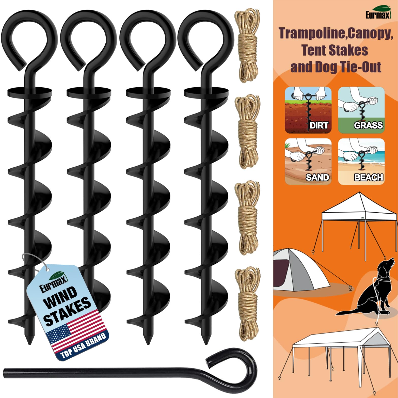 Eurmax USA Canopy Tent Stakes Dog Tie Out Stakes Corkscrew Shape Steel Trampoline Stakes with Iron Rod Installation Tool & 4 Wind Ropes - Set of 4 (Black)