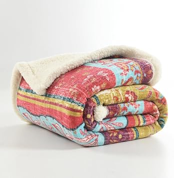 Boho Floral Sherpa Throw Blanket, Reversible Flannel Print & Soft Sherpa, Cozy Fleece Blanket - Red Bohemian throw for Sofa, Couch, Bed, Home Decor