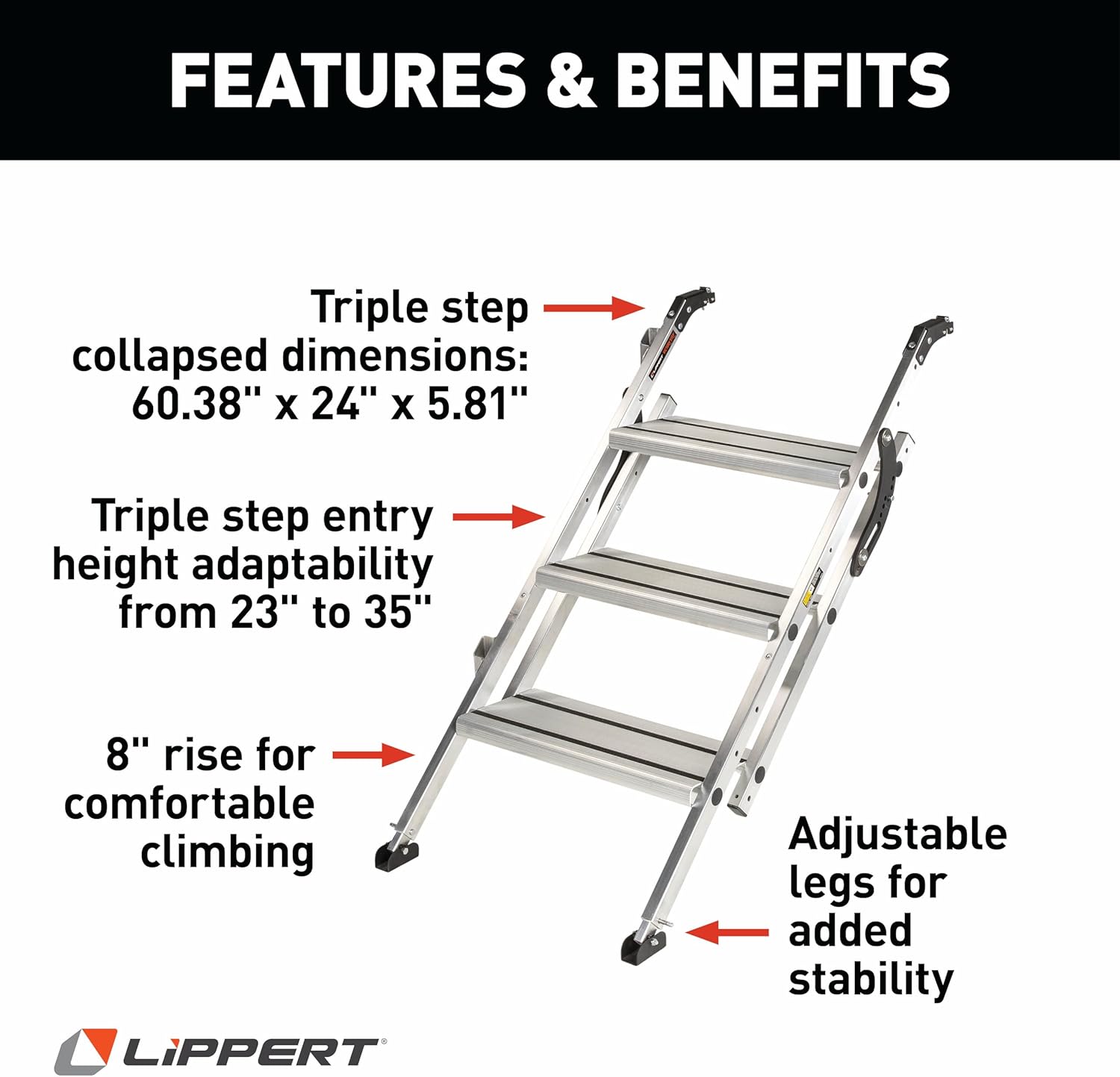 Lippert Victory Step Triple RV Steps for Toy Hauler Patio Systems with Entry Assist Handrail, 300-lb. Weight Capacity, 8" Rise, Anti-Slip Treads, Adjustable Legs/Step Pitch, Easy Storage - 2023024500