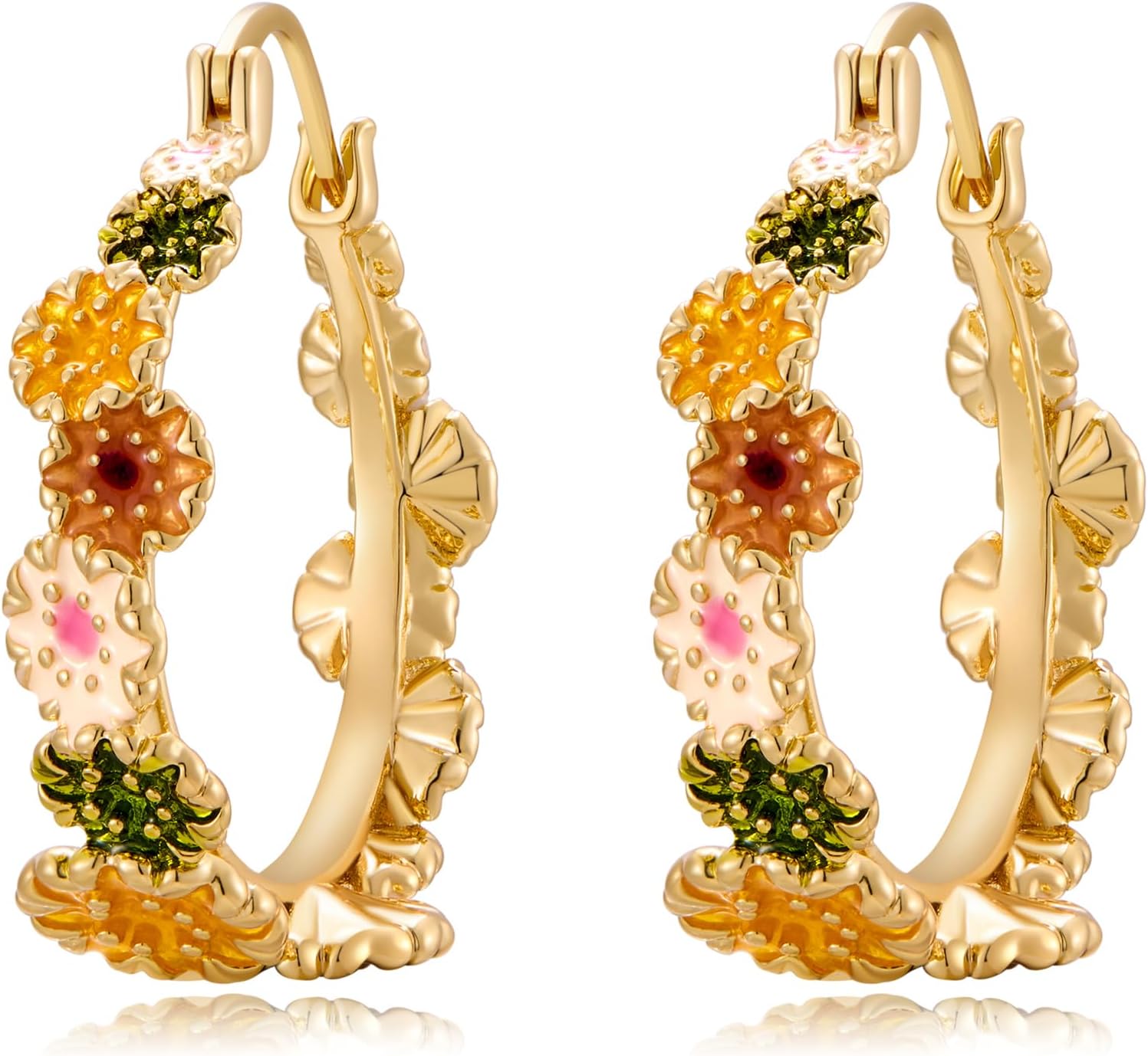 Chunky Gold Plated Flower Hoop Earrings for Women Trendy Colorful Daisy Earrings Statement Earrings Vintage Boho Jewelry