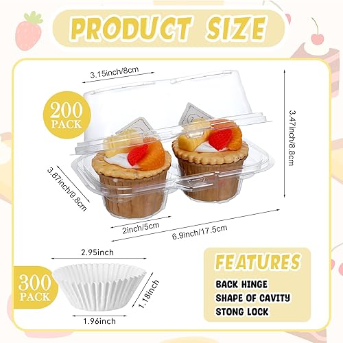 Miniatura 2 de Roshtia 100 cajas para cupcakes de 2 cavidades, 300 piezas de mini tazas para hornear de 6.9 x 3.9 x 3.5 pulgadas, transparente, apilable, soporte