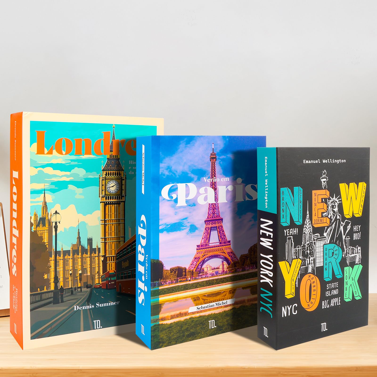Set De 3 Faux Livres Décoratifs Avec Rangement Secret - Tissu Lin, Fermeture Magnétique, Tailles S/M/L (Bleu)