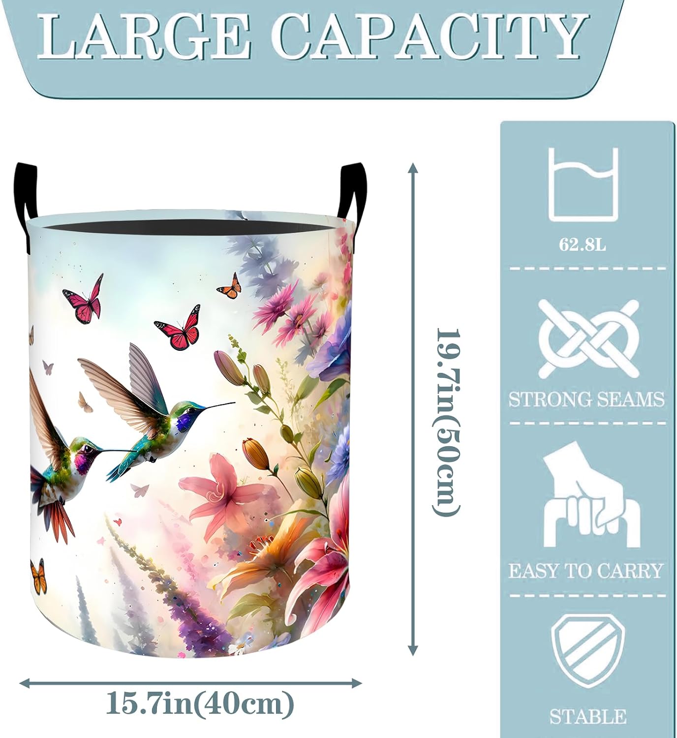 Floral Hummingbird Butterfly Laundry Basket, Dirty Collapsible Clothes Toy Organizer Hamper for Kids Adults, Oxford Cloth Waterproof Storage Bin for Bathroom Home Decor Gifts, 19.7"X15.7"