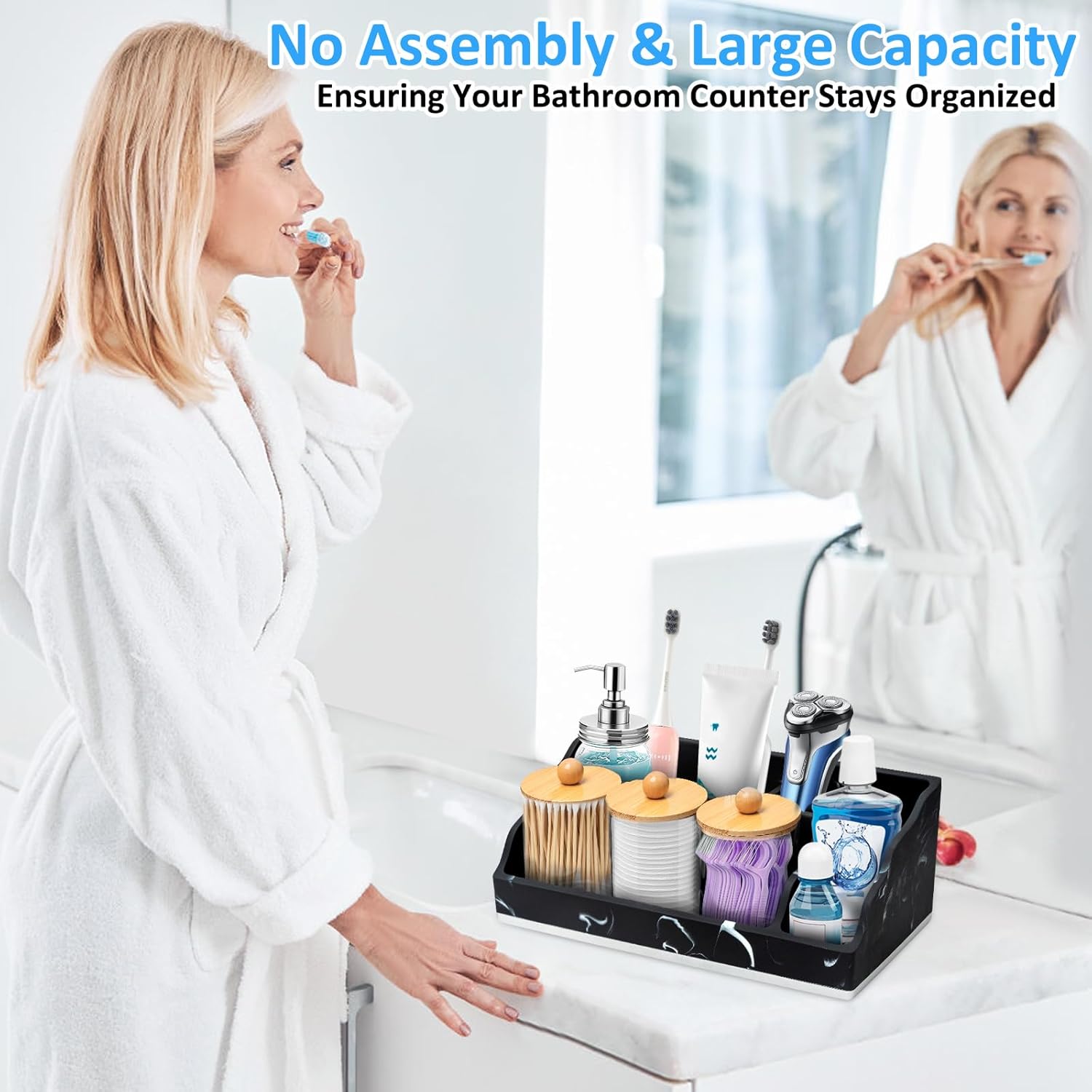 Bathroom Counter Organizer, Black Marble Toothbrush Holders for Bathrooms Organizer Countertop with 3PCS Qtip Holder, Toothbrush and Toothpaste Holder for Bathroom Organization Storage Vanity