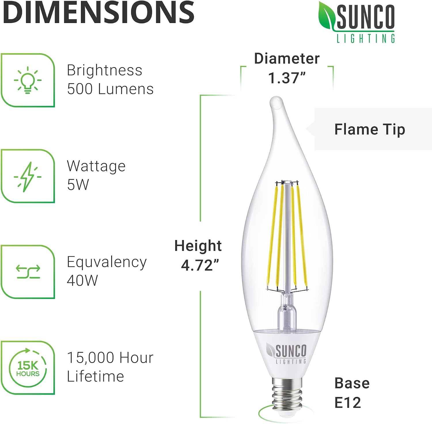 Sunco 10 Pack Dusk to Dawn Candelabra Light Bulbs Outdoor CA11 LED, 5W=40W, 2700K Soft White, Candle Flame Tip, Photocell Sensor, Decorative Edison Vintage Filament, 500 LM, E12 Base – UL