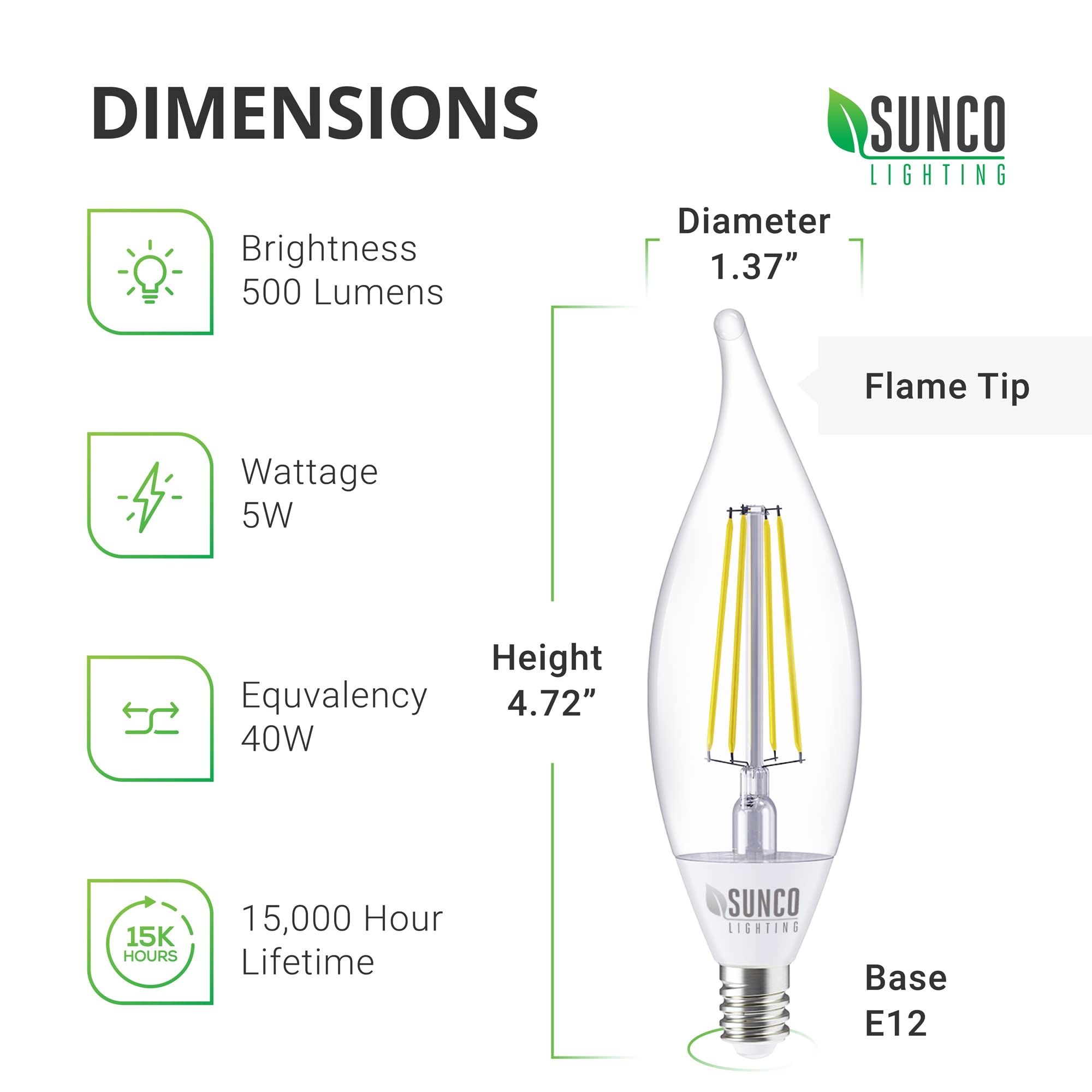 Sunco 10 Pack Dusk to Dawn Candelabra Light Bulbs Outdoor CA11 LED, 5W