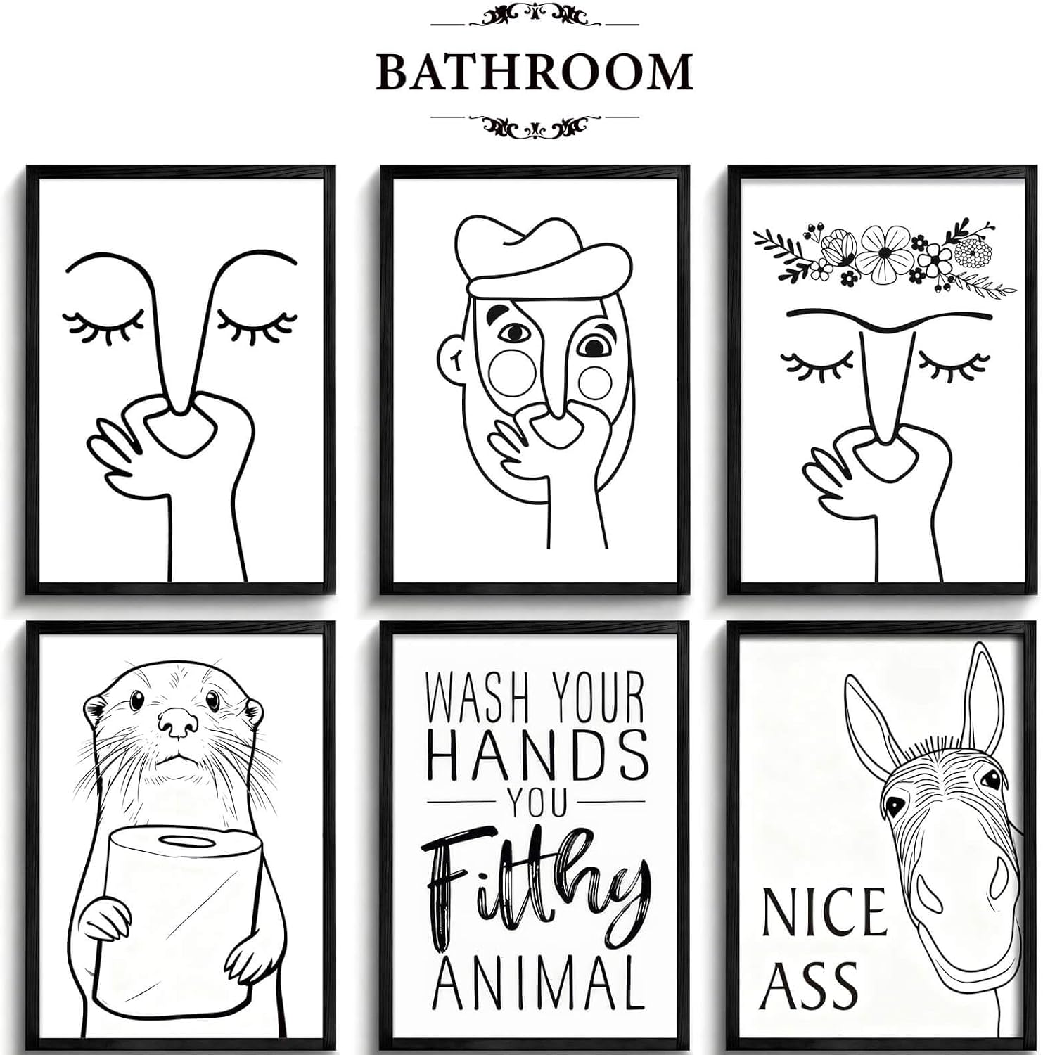 6 Pack Reusable Bathroom Stencils for Painting, Funny Toilet Wall Decor DIY Craft Templates, Plastic Art Stencils for Wood Canvas Tiles, Cute Otter, Donkey & Minimalist Face Designs
