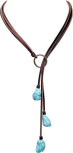 PERNNLA PEARL Collar turquesa sintético bohemio hecho a mano joyería en forma de Y vintage con cuero marrón plano genuino