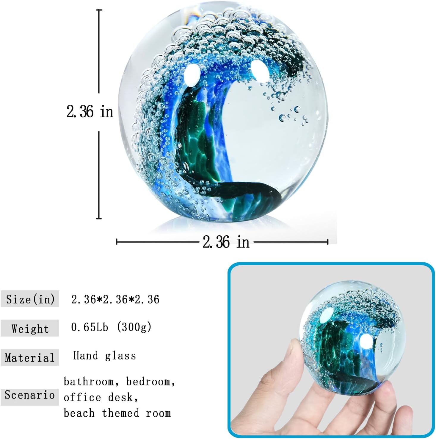 Hand Blown Glass Figurines Ball: Ocean Wave Design Glass Paper Weights, Beach Decorations for Home - Unique Ocean Themed Bathroom Decor and Gift for Ocean Lovers