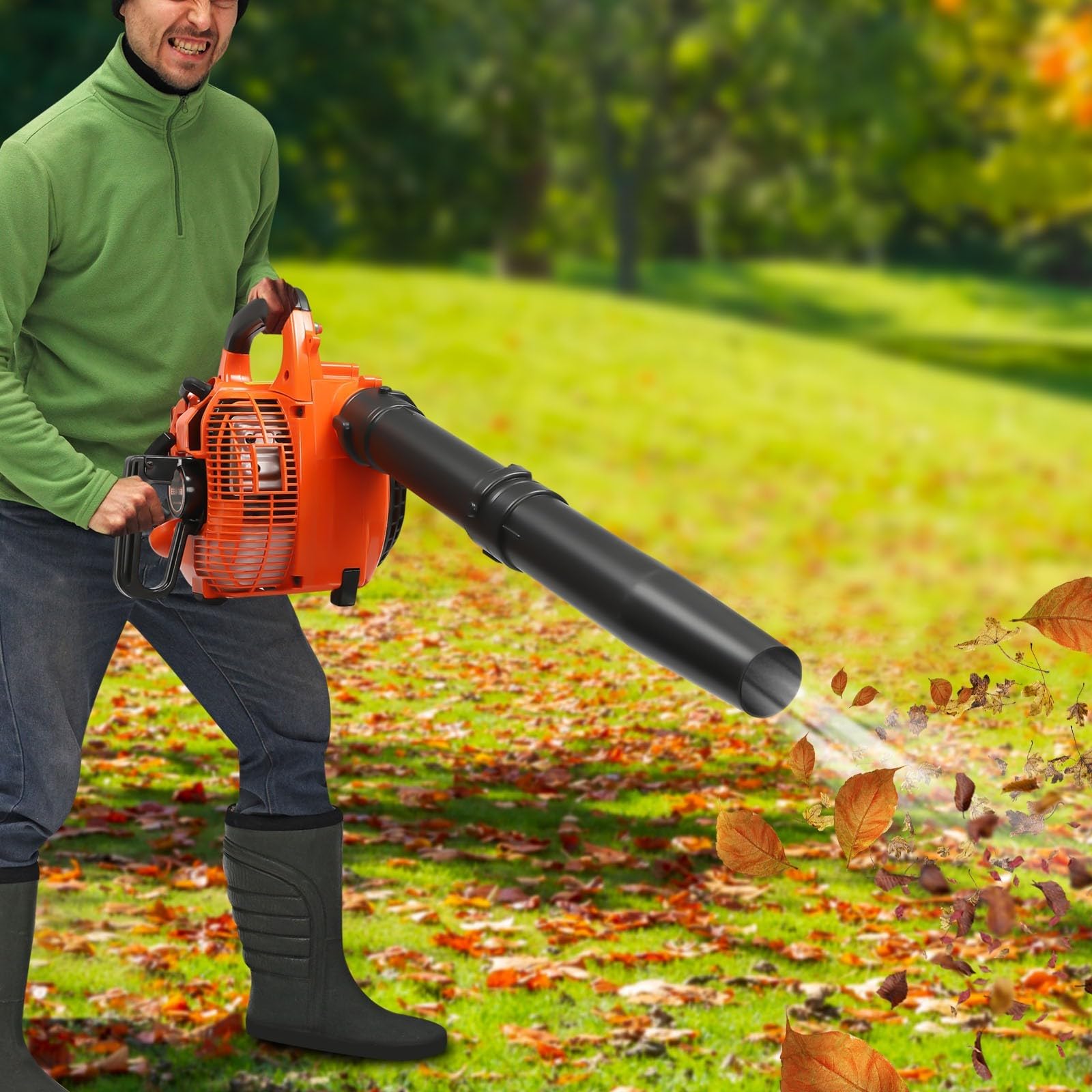 Soplador de hojas con motor de gasolina, dispositivo de mano con capacidad de 25,4 cm³, 0,75 kilovatios, soplador y tubo de aspiración para jardín, limpieza de carreteras y eliminación de