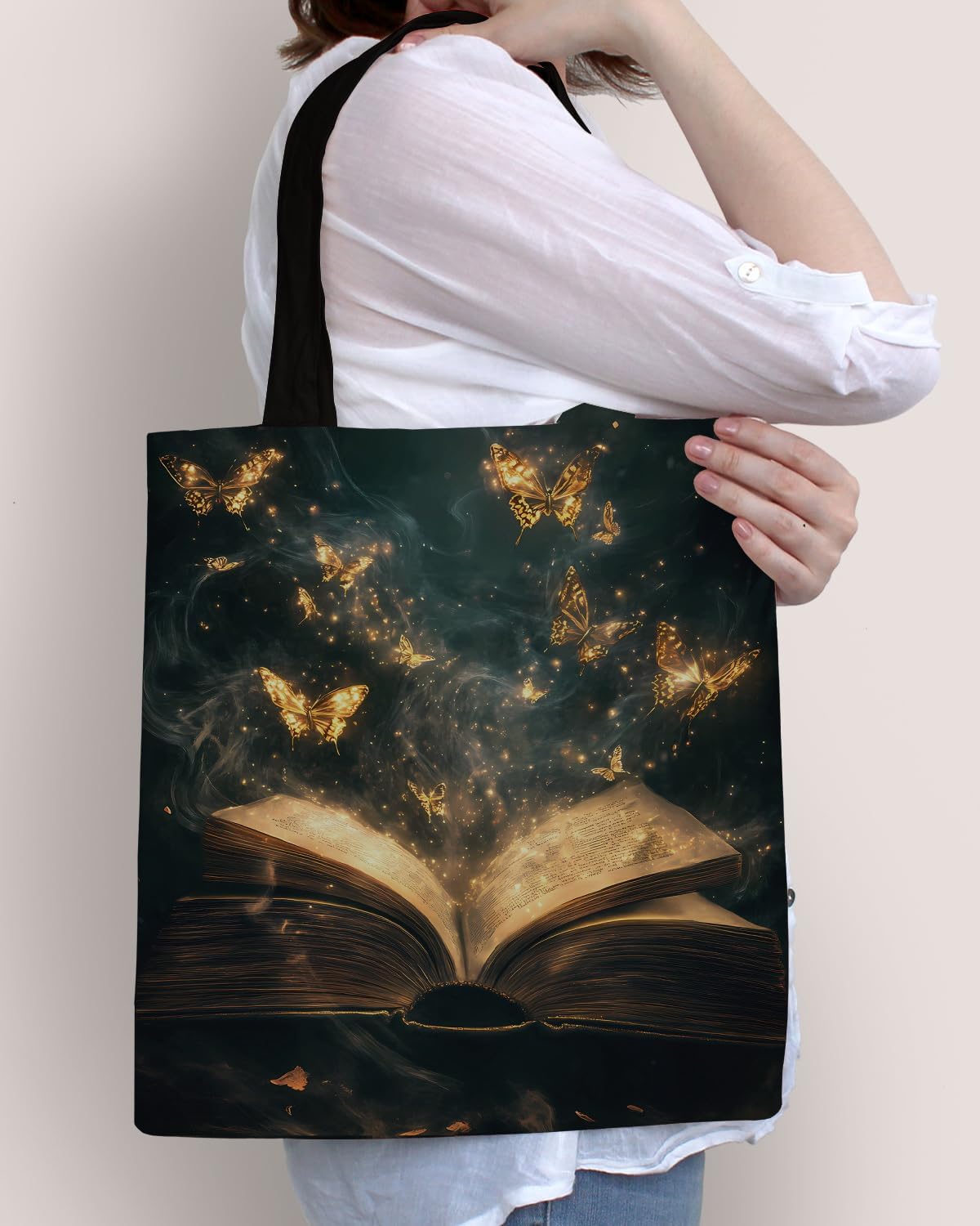 Aesthetic Butterfly Book Canvas Tote Bag for Women Book Lovers Dark Academia Vintage Reusable Grocery Shoulder Bag for Shopping Work Travel Bookish Totes Gifts - Image 2