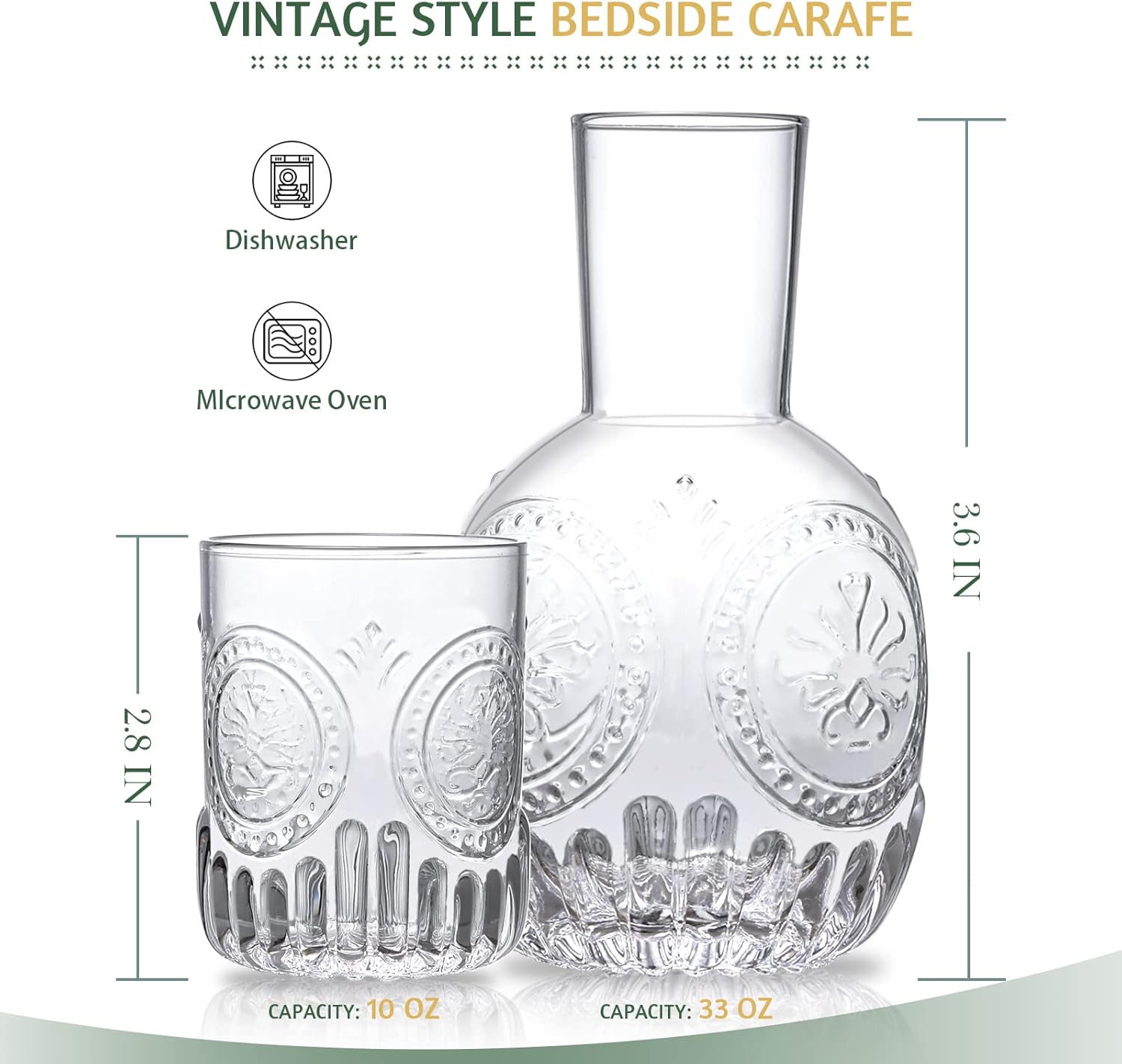 Buy Vintage Bedside Water Carafe and Glass Set for Bedroom Nightstand