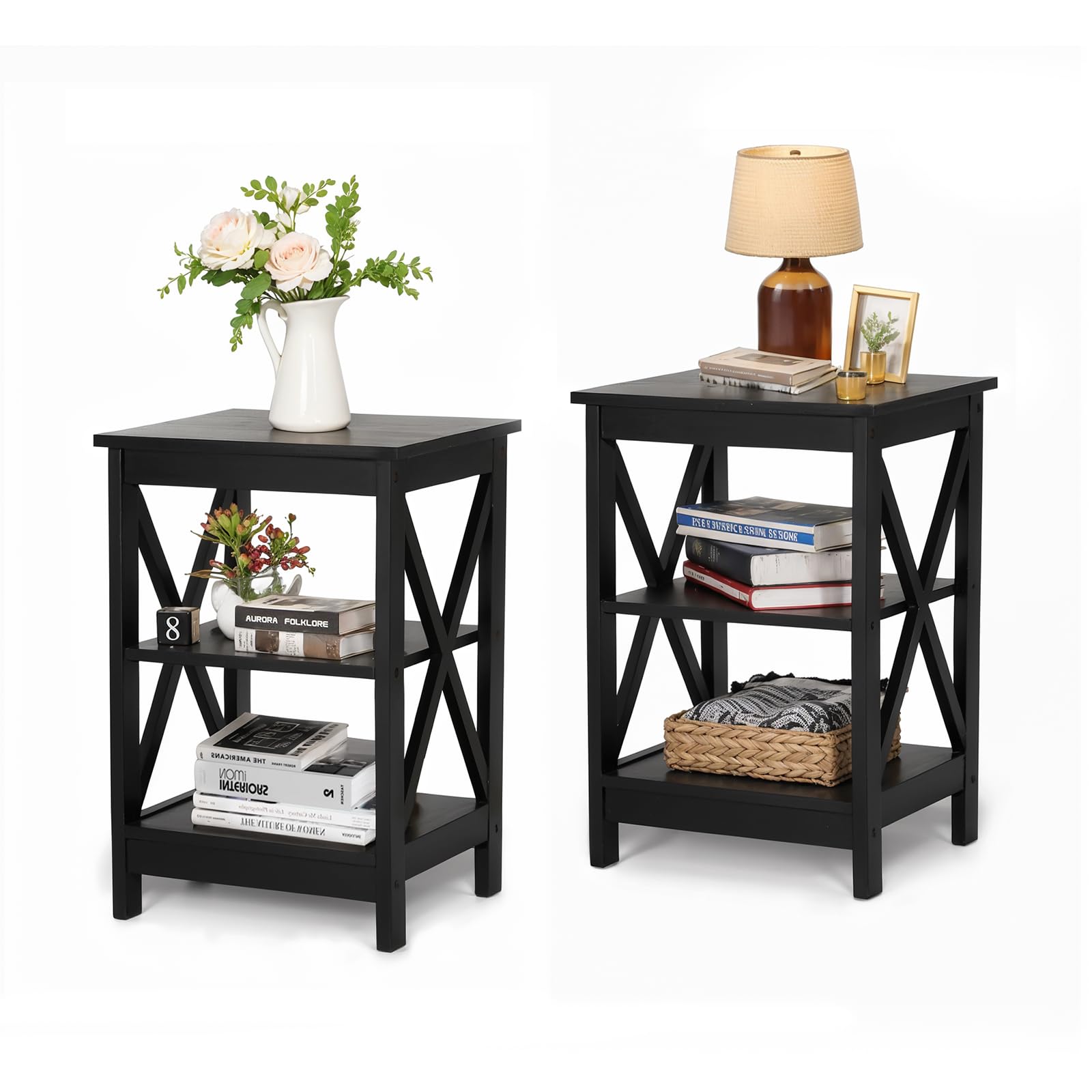 MAISON ARTS Black End Tables Living Room End Tables Set of 2 Farmhouse Small Side Table 3-Tier Modern