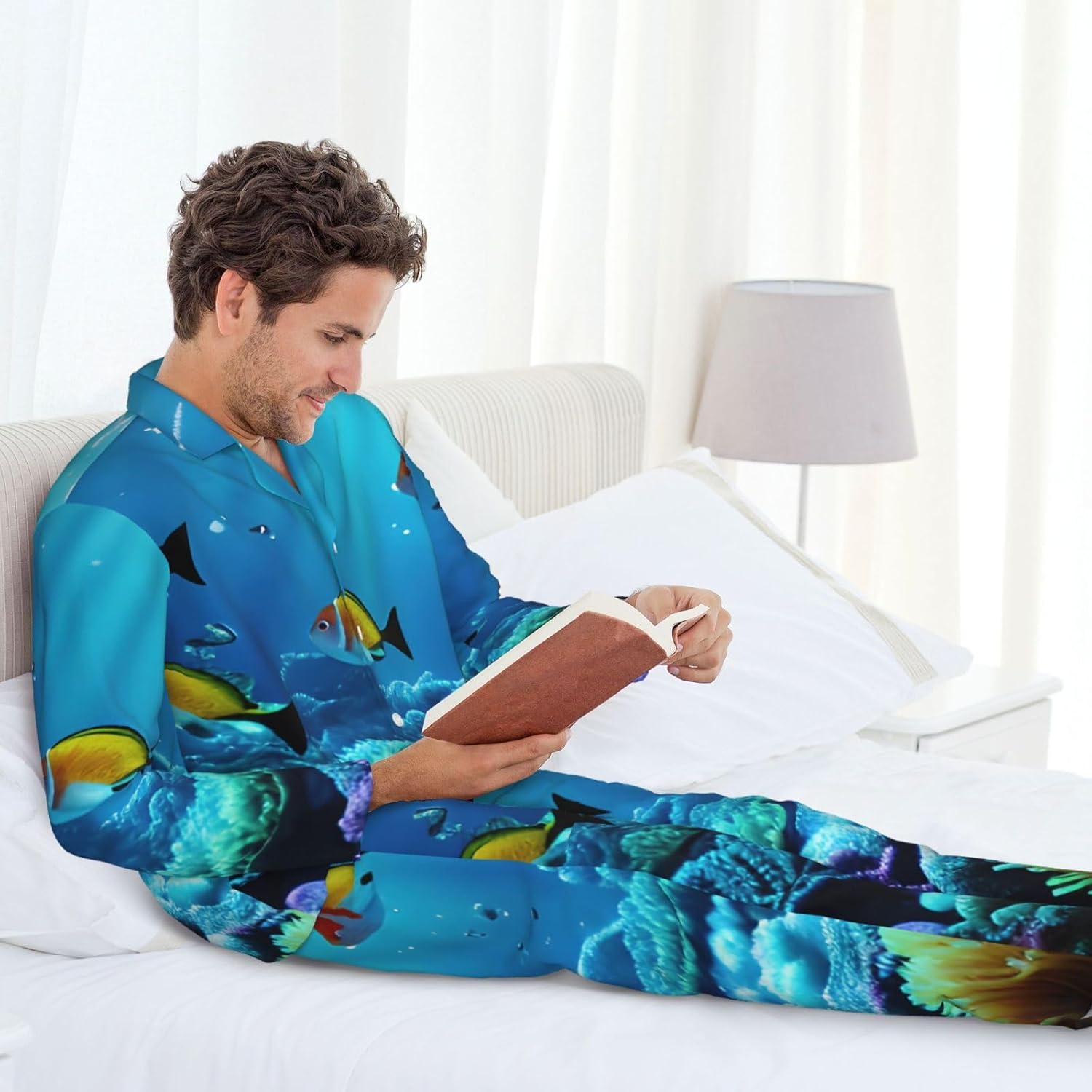 Tranquil Underwater Scenery Print Luxurious Mens Pajamas Set,Soft Breathable Pajamas, Perfect For Winter Christmas