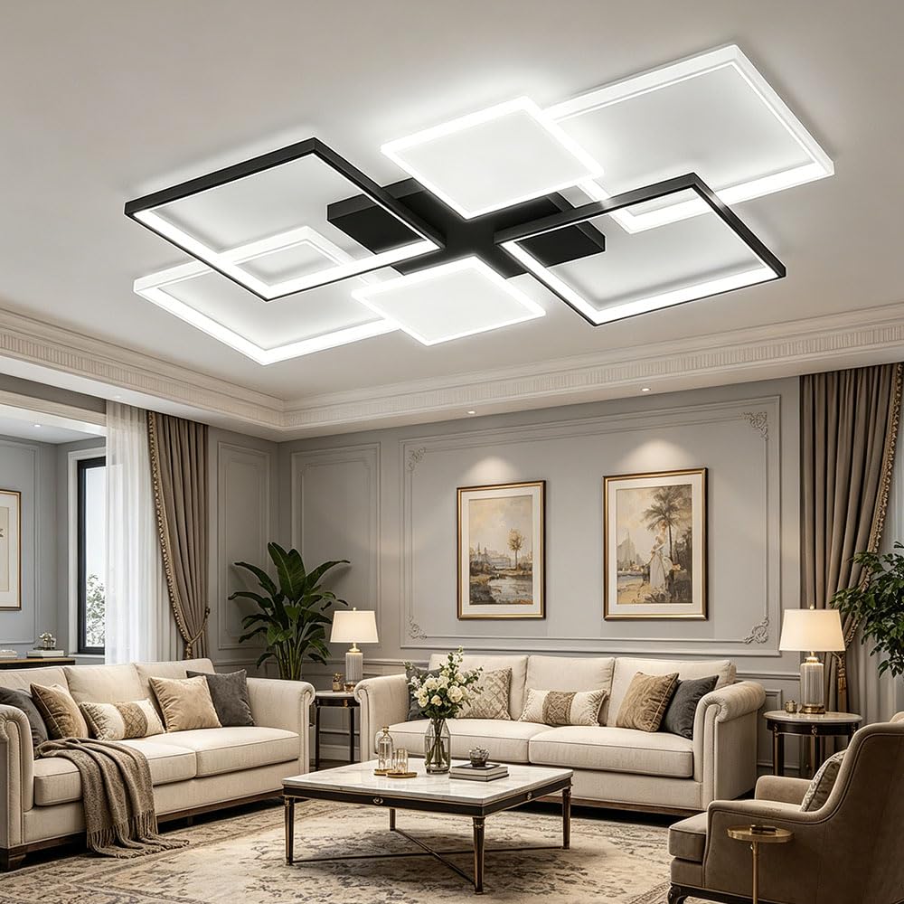 LIUYU Lampadari LED Soffitto Rettangolare Dimmerabile 90x60cm Nero-Bianco | Lampadario soggiorno led con telecomando 68W luce regolabile 3000K-6500K Alluminio Acrilico per Soggiorno Camera da Letto