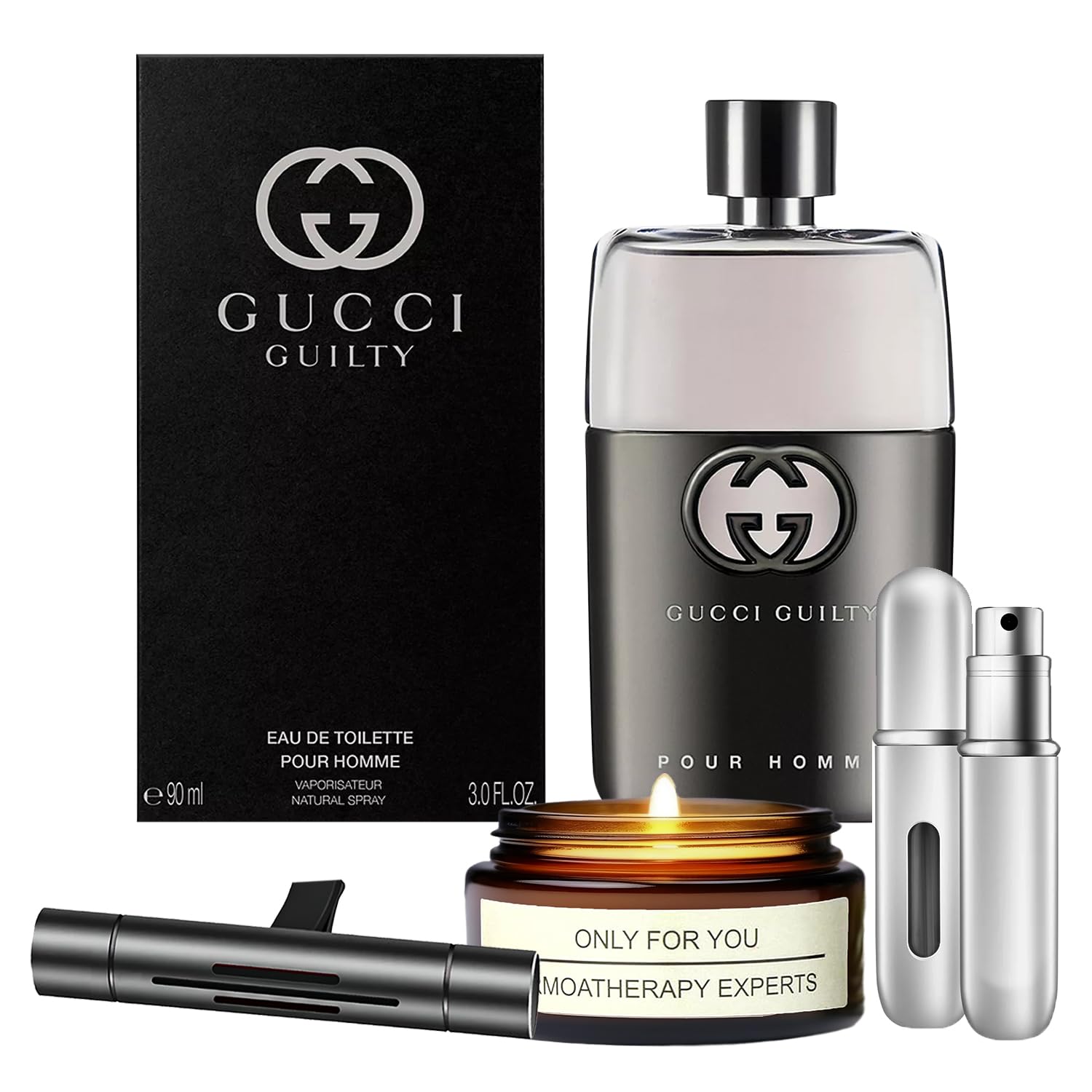 Guilty Men’s Gift Set – 3.0 oz EDT with Lavender Candle, Car Fresheners & Atomizer