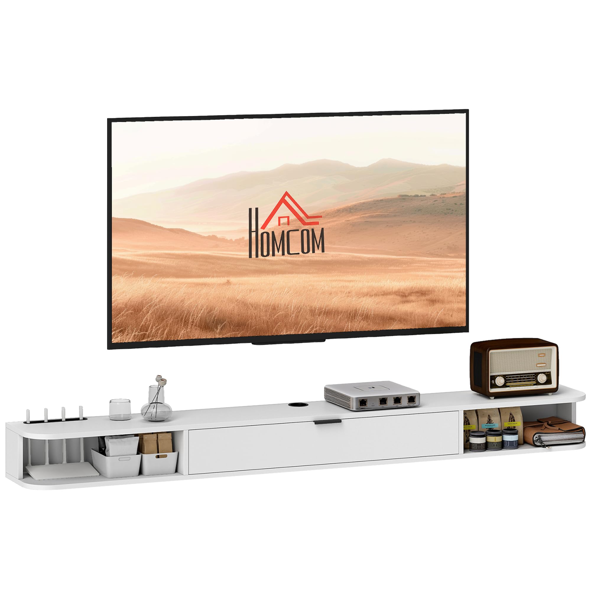 HOMCOM 71" Supporto TV sospeso per TV fino a 75" Bianco venatura legno
