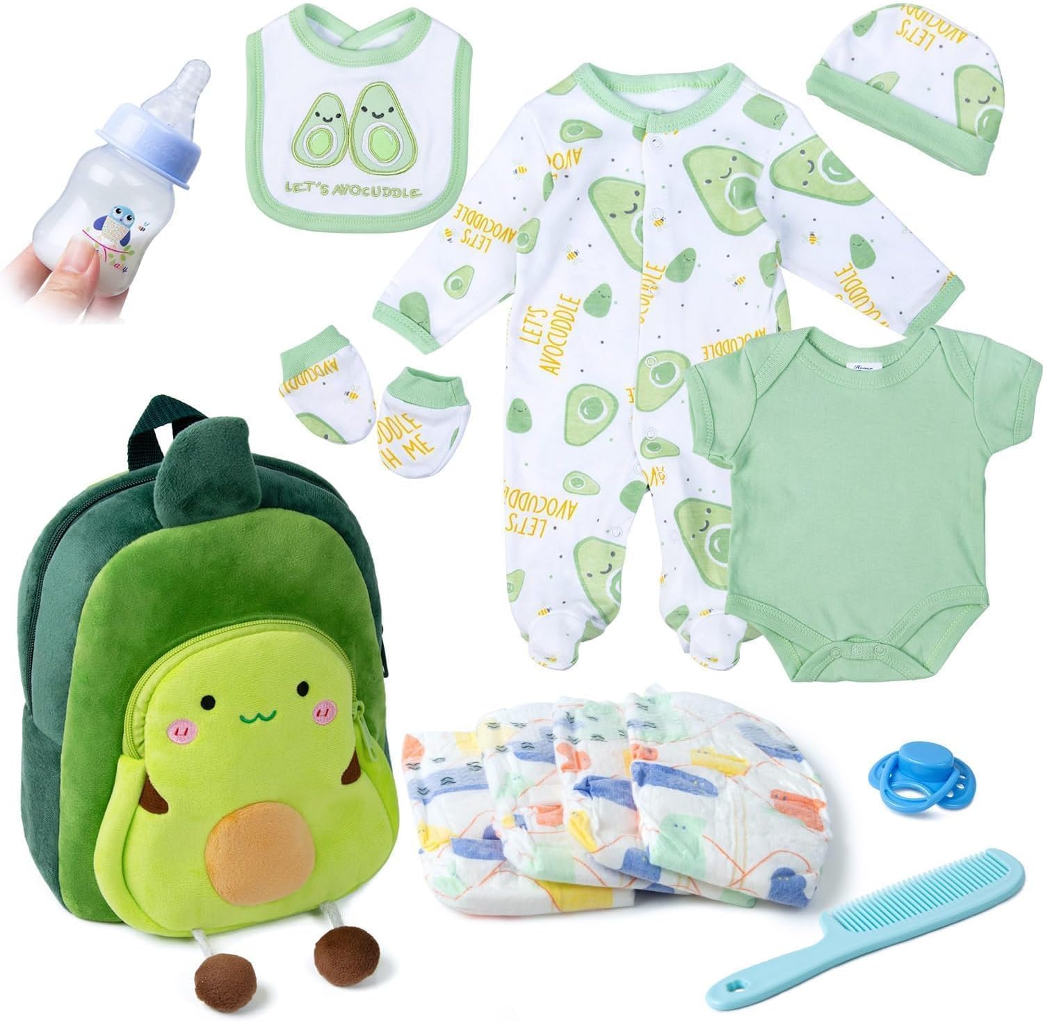 13 Pcs Reborn Baby Doll Clothes Boy Green Outfits Accessories for 17-22 Inch Reborn Doll Clothes Newborn Baby Accessories Set with Avocado Backpack
