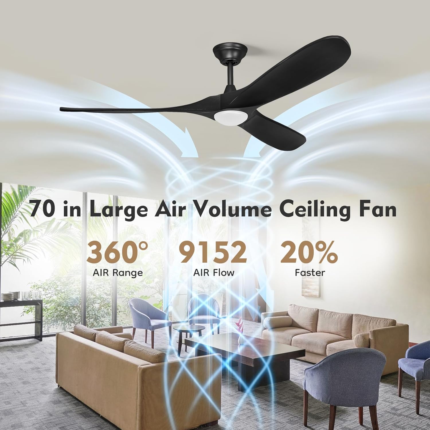 70 Inch Farmhouse Black Ceiling Fan with Light and Remote, Damp Rated Outdoor Indoor, 3 Wood Blade, Dimmable LED with Adjustable Light, 6-Speed Quiet Reversible DC Motor, for Patio Living Room Bedroom