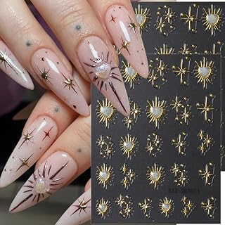 5D Star Nail Stickers Gold Nail Decals with Rhinestone 2PCS Embossed Heart Nail Art Stickers Shiny Y2K Nail Adhesive Stickers Slider Manicure Accessories Charms for Women Nail Art Decorations