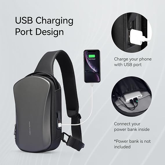 Sling Backpack Men, Sleek Aesthetic Sling Bag with Hard Shell Design and USB Charging Port, Waterproof Shoulder Bag for Traveling, Sporting, Cycling, Daily