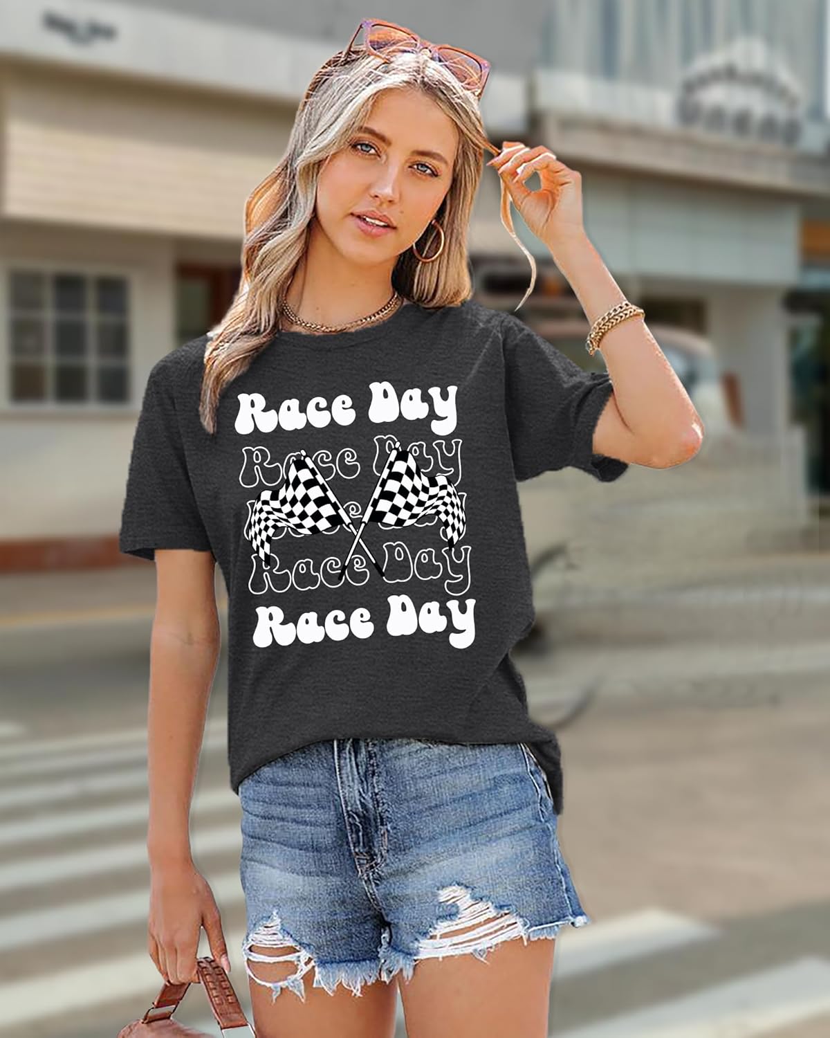 PECHAR Racing Shirt for Women Checkered Flag Graphic car Shirts Race Lover Shirt Raceday Casual Short Sleeve Tee Tops - Image 4
