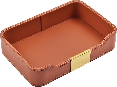 Luxury Leather Valet Tray Desktop Storage Organizer Bedside Vanity Catchall Tray Nightstand Caddy Holder for Cosmetics, Jewelry, Watch, Keys, Phone, Wallet, Remote Control, Pen Orange