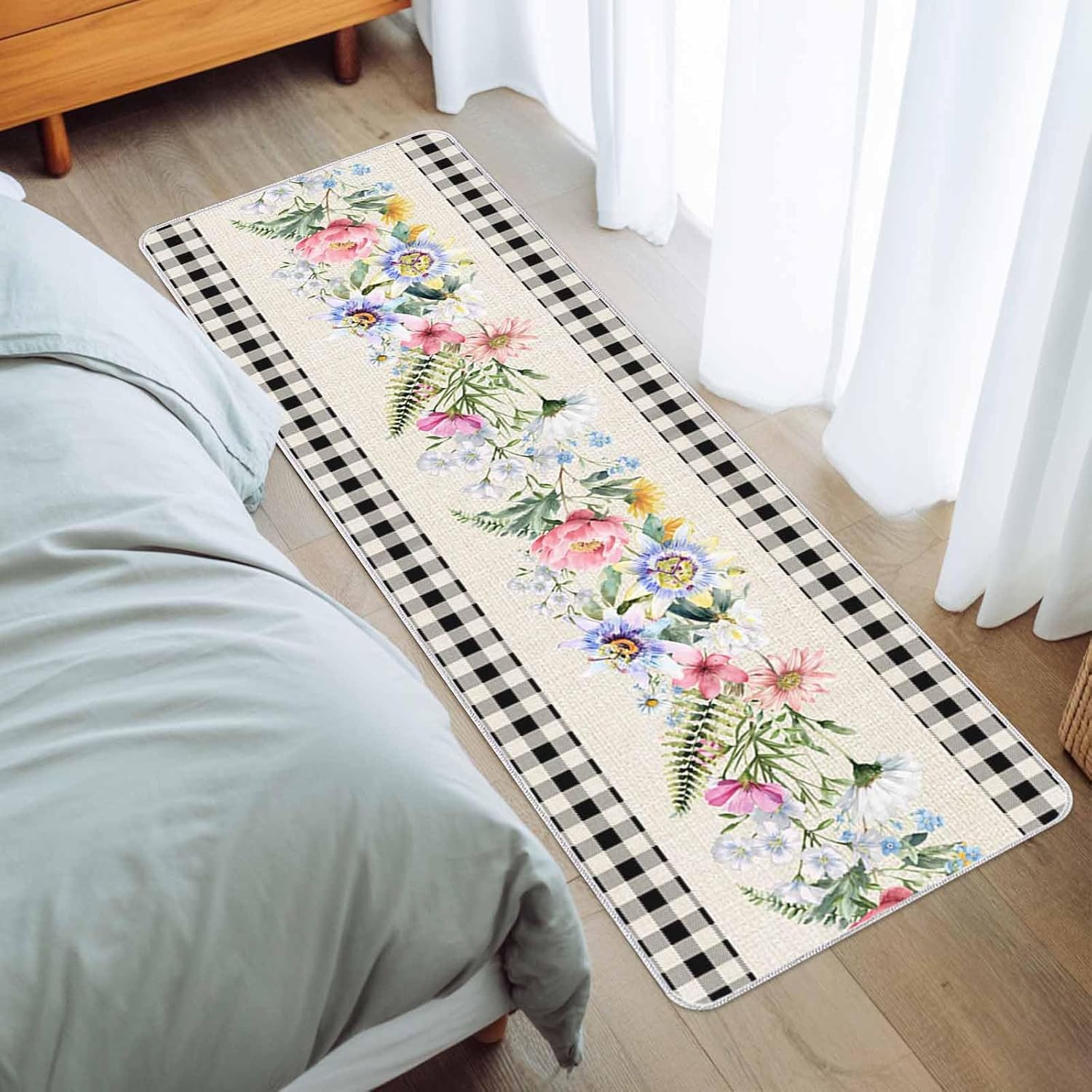 Spring Summer Floral Leaves on Linen Kitchen Rug and Mat,Washable Floor Mats Standing Cushioned Set of 2,Black White Plaid Slip-Proof Doormat Runner Rugs for Indoor Bathroom Laundry Sink