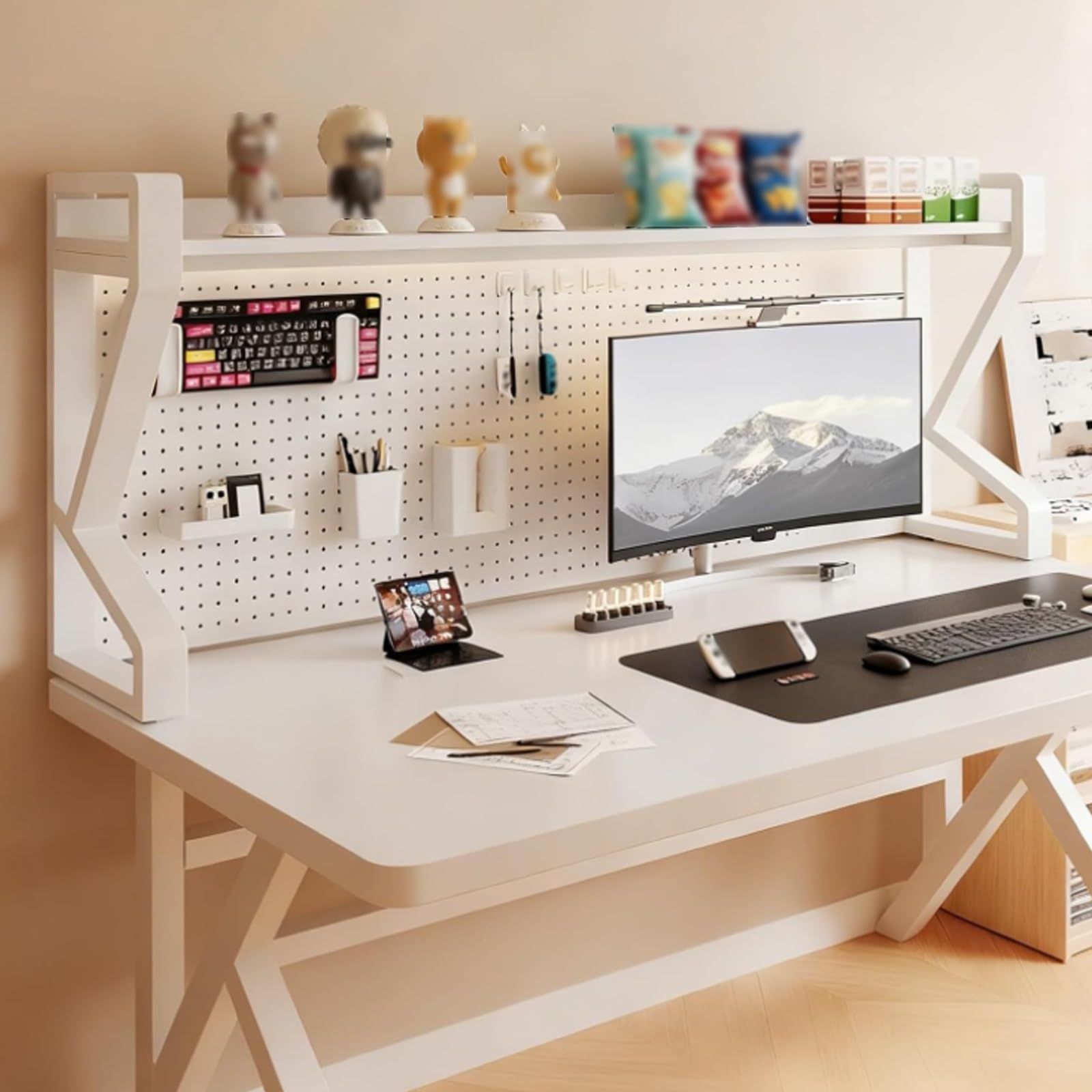Étagère de bureau à 2/3 niveaux avec panneau perforé et accessoires de rangement en métal pour la maison, le bureau, le bricolage, étagères de comptoir pour dortoir (blanc, 65 x 55 cm / 25.6x21.7in)