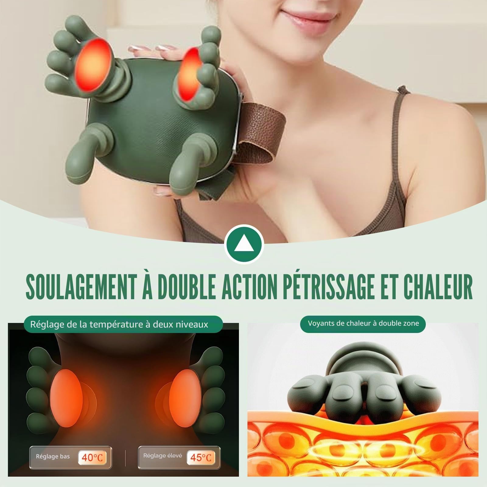 4D Masseur de Cou, Masseur dos et Cervicales， Massage Cervicales et Cou, Épaules et Dos avec Chaleur 3 Réglages de Massage et 2 Niveaux de Chaleur Sans Fil Rechargeable USB