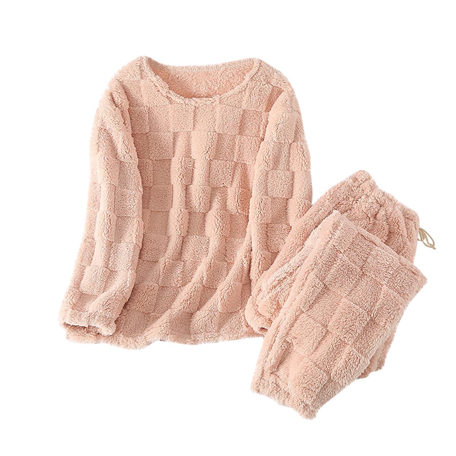 Generisch Pijama de franela para mujer, conjuntos de pijama de felpa mullido, cuello redondo, jersey de manga larga, ropa de salón, holgada, acogedora, juego de invierno, ropa de dormir térmica de dos