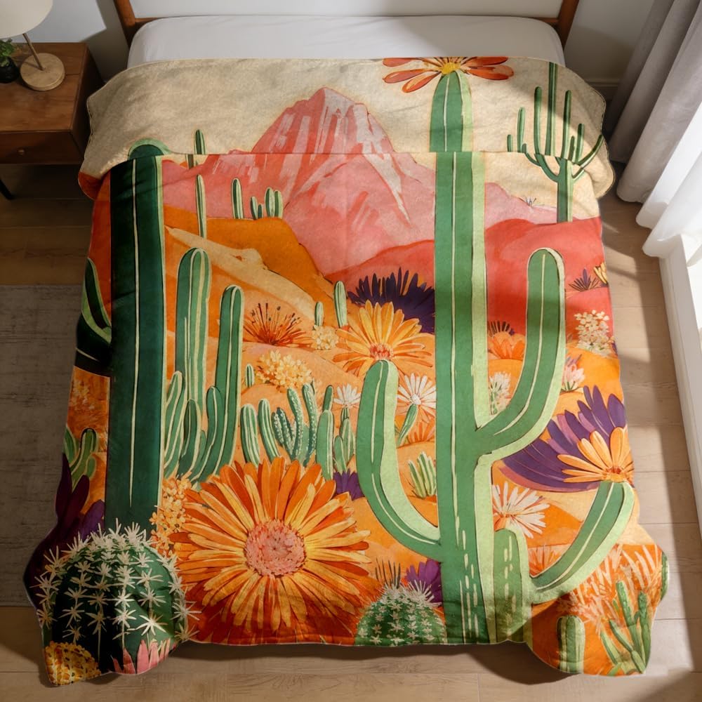 Cactus Throw Blanket Desert Succulent Southwest Plant Print Super Soft Warm Cozy Flannel Blanket for Couch Bed Office Boho Desert Home Decor Gift for Women Girls 49"x59" image 2