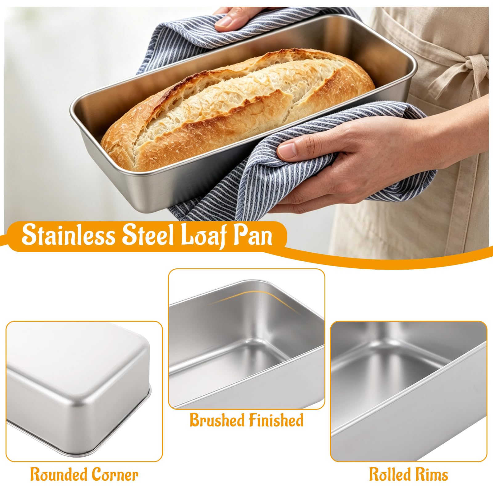 WOPPLXY 4 teglie rettangolari per pane, in acciaio inox, da 1,4 kg, 33 x 15 x 6,7 cm, per pane alla banana, pagnotte, polpettone, lasagne, argento lavabile in lavastoviglie