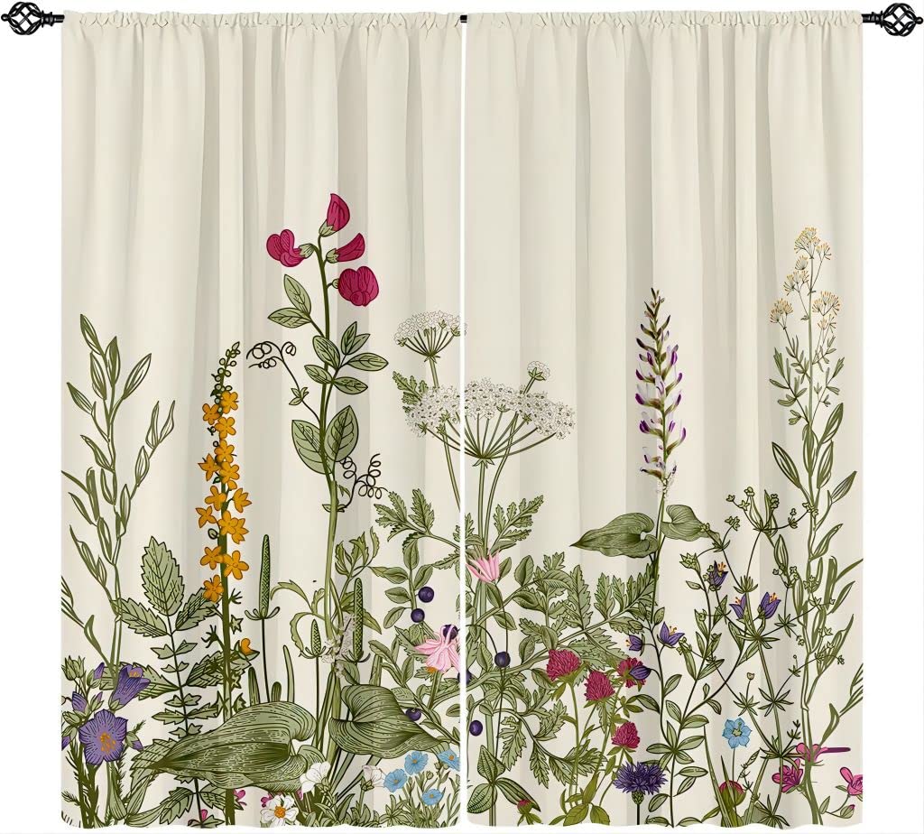 Photo 1 of Botanical Curtains Cottagecore Green leaf Plant Floral Jungle Curtains 65 Inches Long For Living Room Bedroom Cute Colorful Flower Vintage Farmhouse Light Filtering Curtains,2 Panels Set(65"Lx29.5"W) Multi 1 65"L x 29.5"W|2 panels