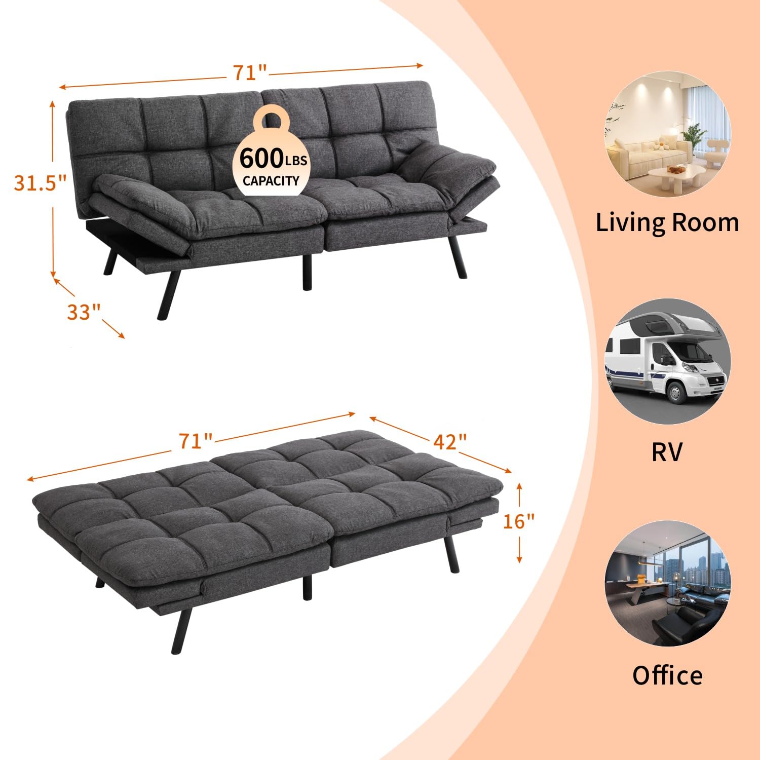 MUUEGM Futon Sofa Bed 71" Gunmetal Convertible Memory Foam Futon Couch Bed Modern Loveseat Sleeper with Adjustable Backrests Armrests for Living Room,Small Space,Office