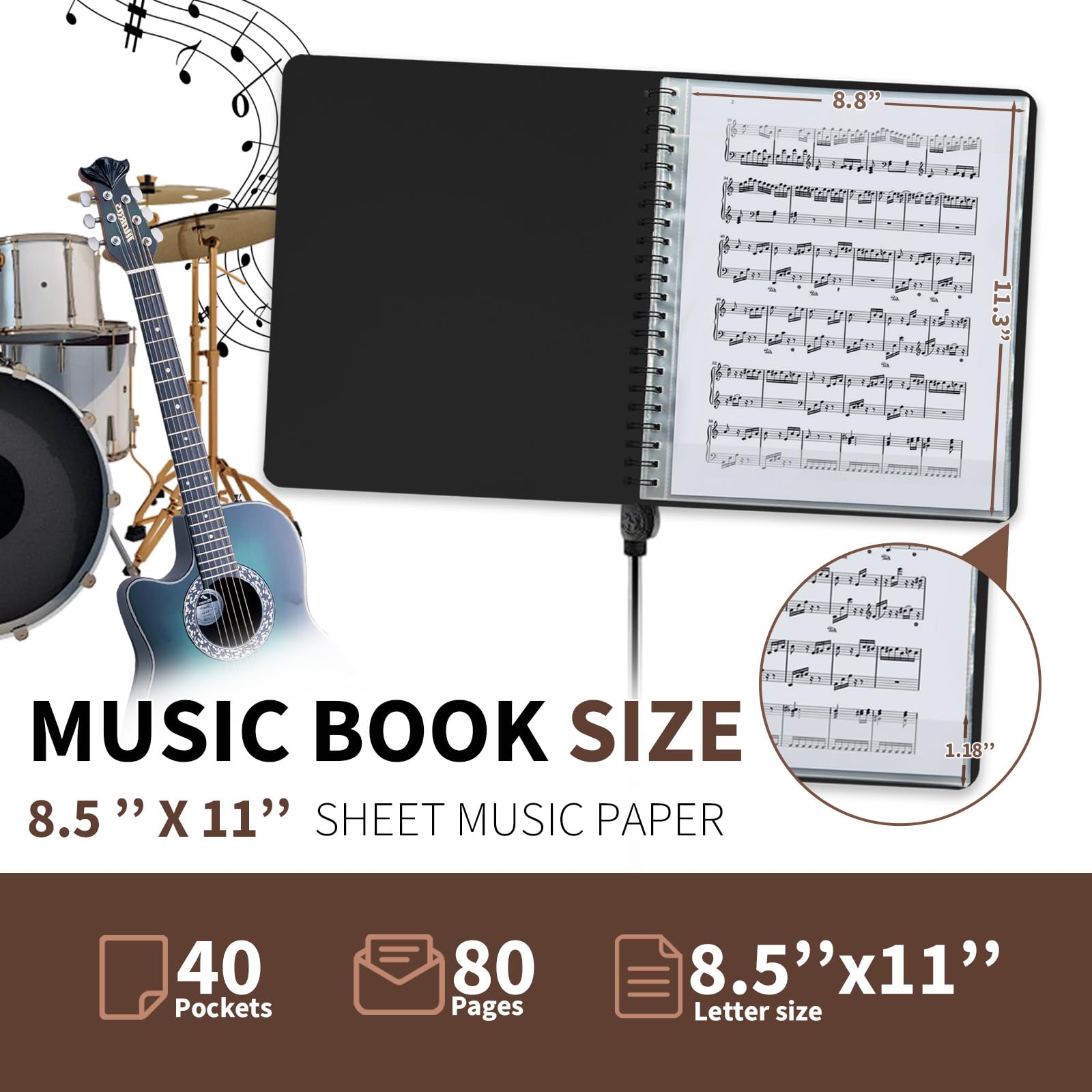 Binditek 1 carpeta de partituras, 40 fundas de doble cara para 80 páginas, organizador de carpeta de música de 40 bolsillos para tamaño carta, soporte para partituras con lomo de encuadernación de