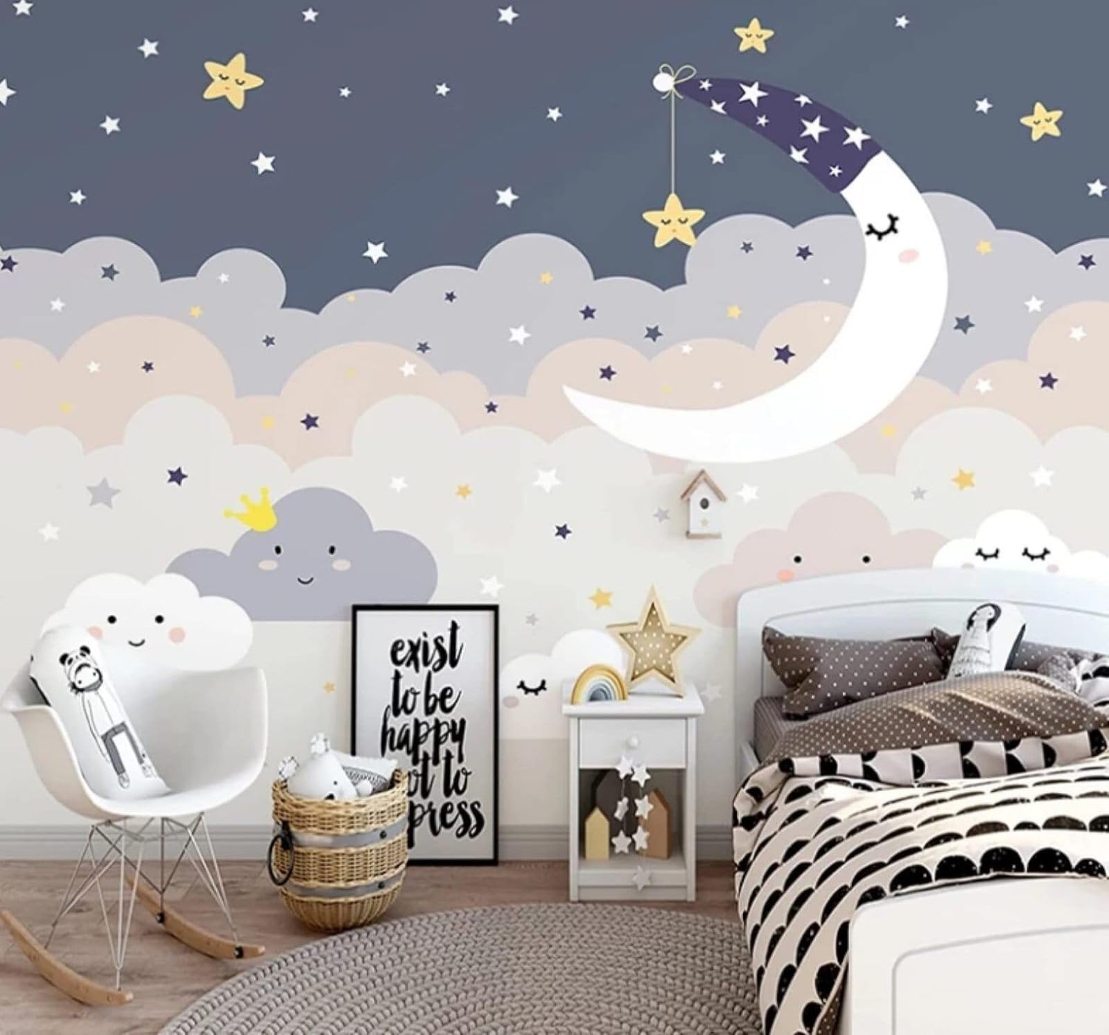 Cartoon Starry Sky Clouds Moon Stars 3D Wallpaper Easy Install Feature Office Living Room Sofa Bedroom TV Background Wall Decoration-400cm×280cm