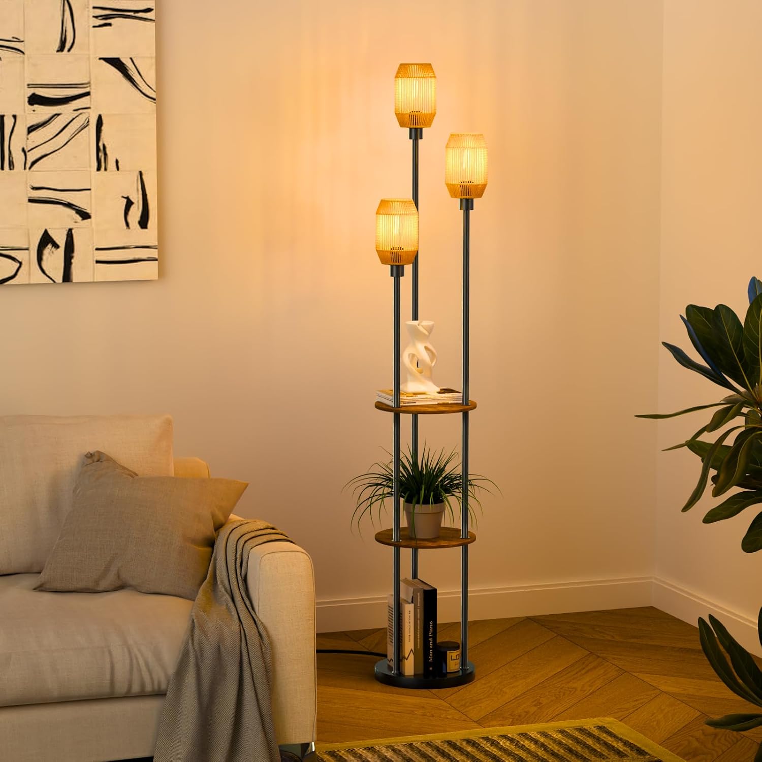 Floor Lamp with Shelves, Rustic Floor Lamp with Shades, 3 Light Standing Lamp with Table, 71" Tall Shelf Lamp with 3 Bulbs, Foot Switch, Corner Lamps for Living room, Bedroom (Black-Rattan)