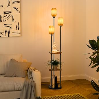 70" Floor Lamp with Shelves, Rustic Floor Lamp with Shades, Standing Lamp with Table, Shelf Lamp with 3 Bulbs, Foot Switch, Corner Lamps for Living Room, Bedroom