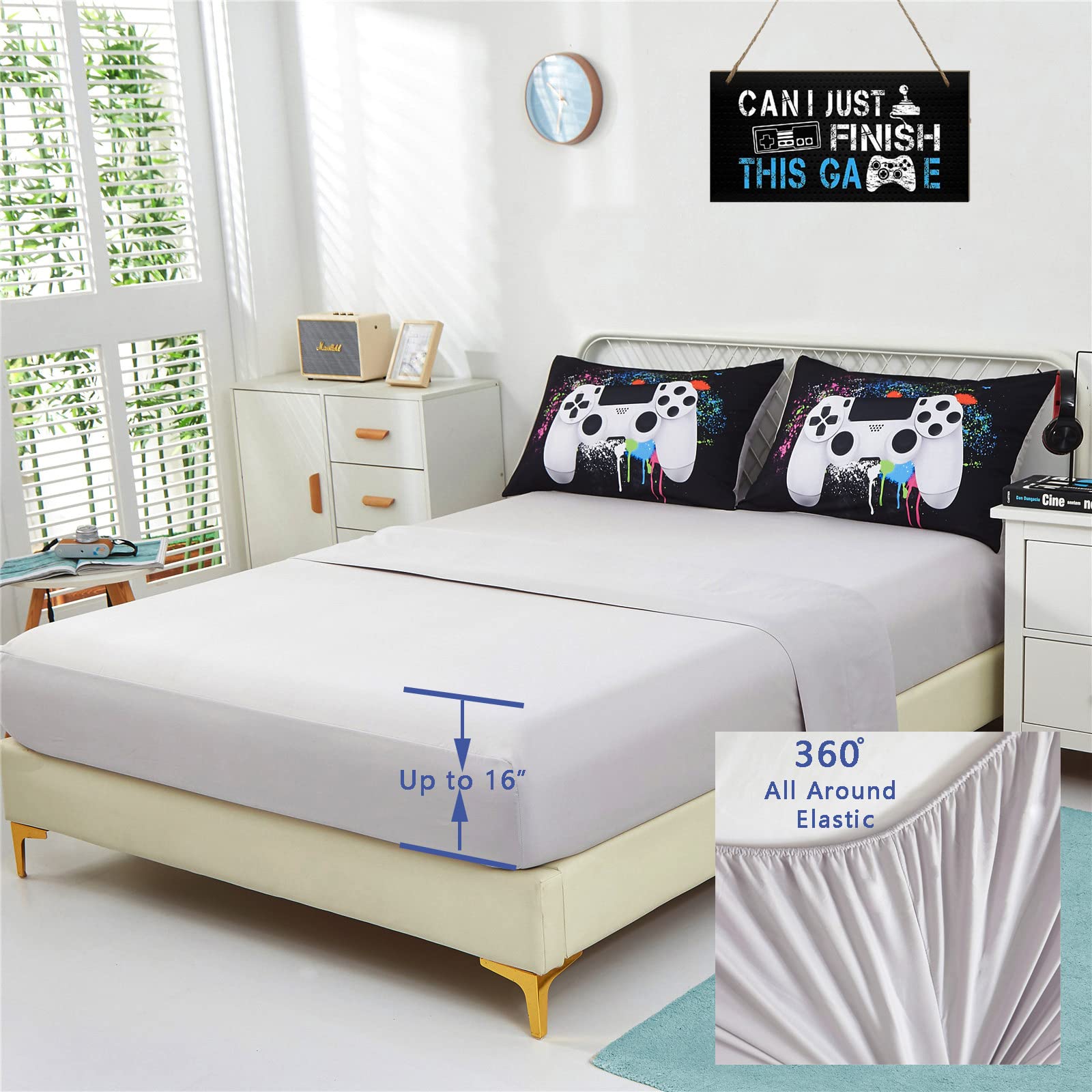 5 Piece Boys Full/Queen Gamer Comforter Set with Sheets, 3D Colorful Video Game Controller Comforter for Kids Teen, All Season Soft Microfiber Gaming Bedding Set(White,Queen) 4
