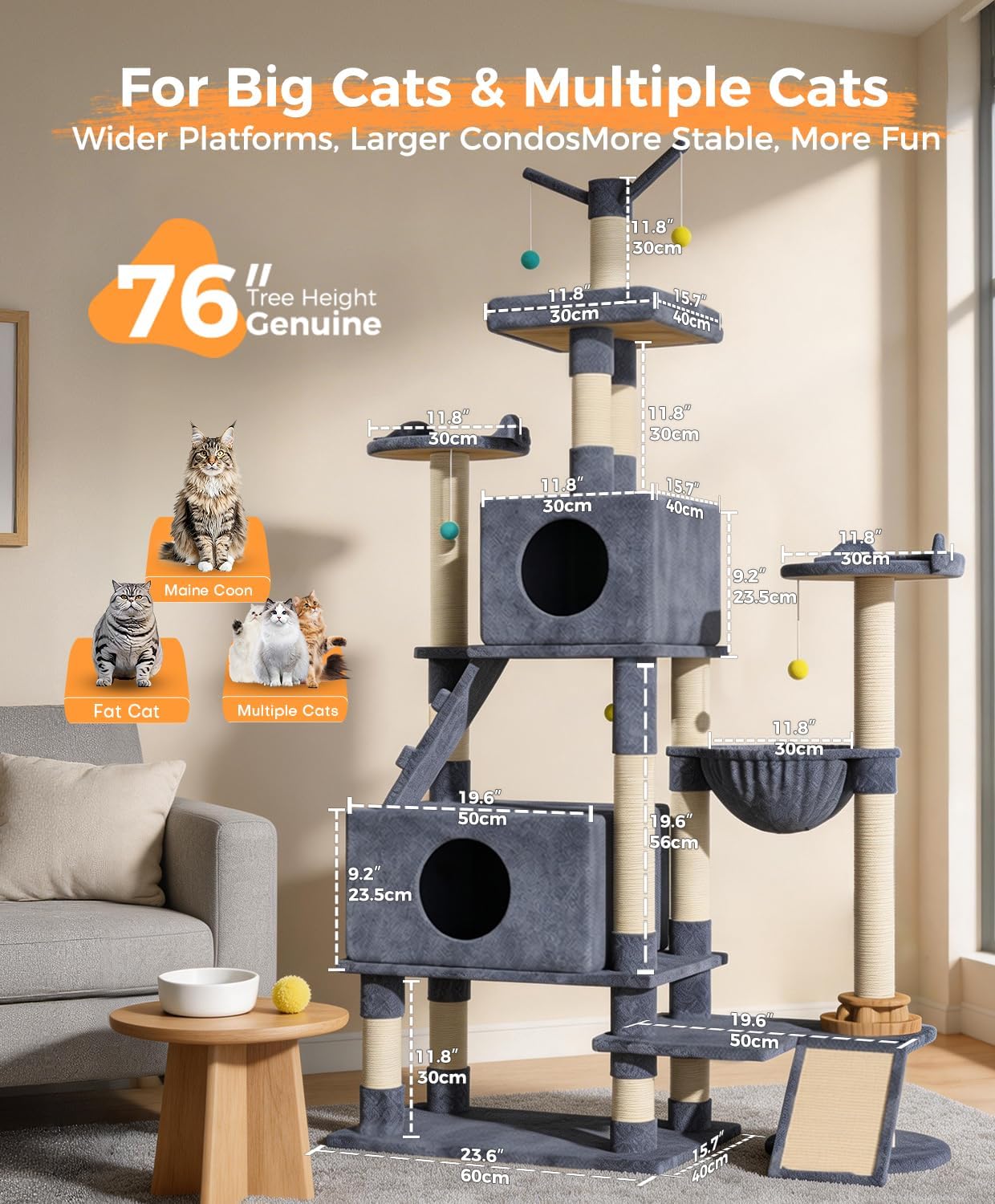 Catlike【Rock-Solid Real Wood】 76“ Tall Cat Tree for Large Cats, No Wobble Even at the Top, Extra-Large Condos for Maine Coons & Big Cats, Indoor Cat Tower with Scratching Posts, Perches & Hammmock