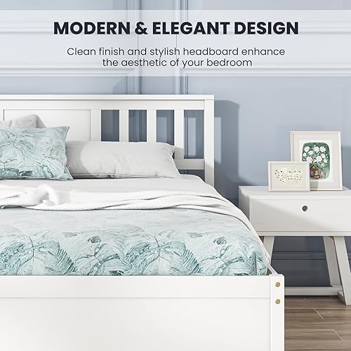 Miniatura 8 de Giantex Marco de cama de plataforma de madera maciza de tamaño matrimonial, marco de cama matrimonial de mediados de siglo con cabecero, soporte de