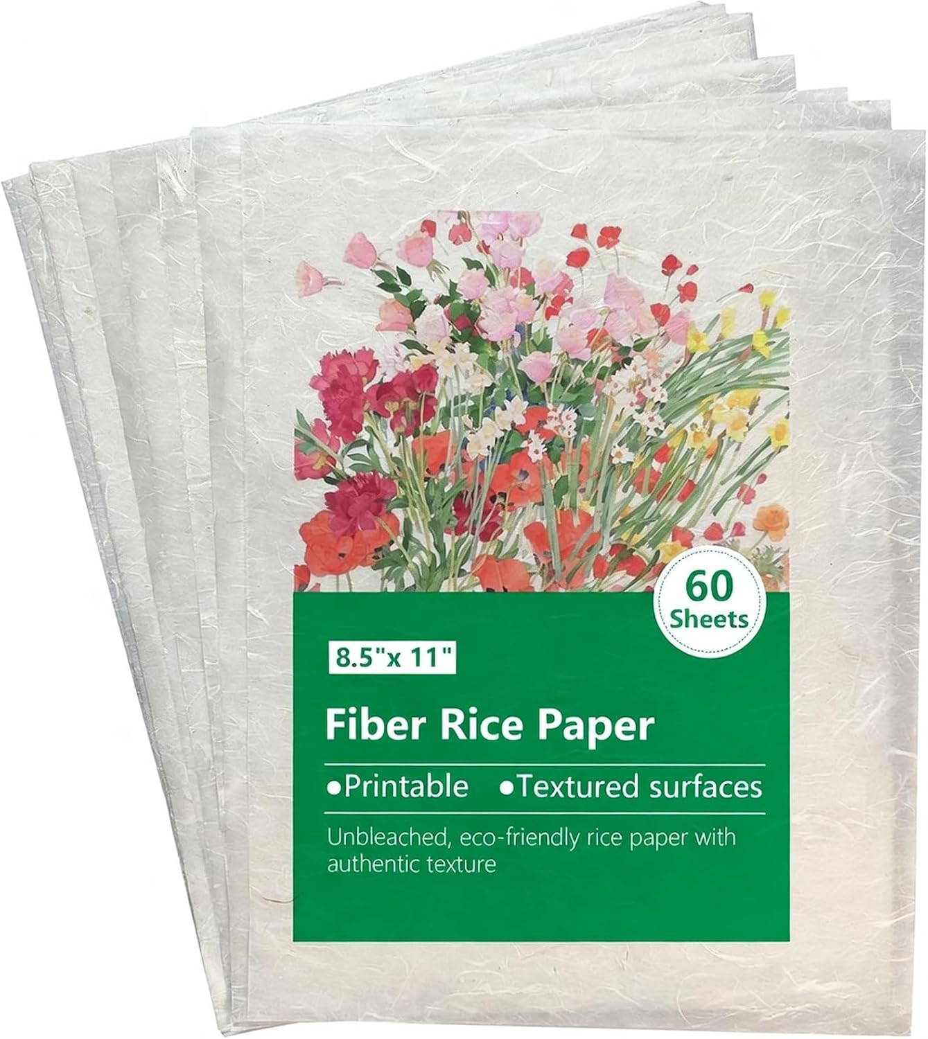 Natural Fiber Rice Paper for Decoupage,Printable Rice Paper for Craft, Mulberry Paper for Writing Painting,Decoupage Craft Supplies,60 Sheets Letter Size 8.5x11in（RP_B-01）