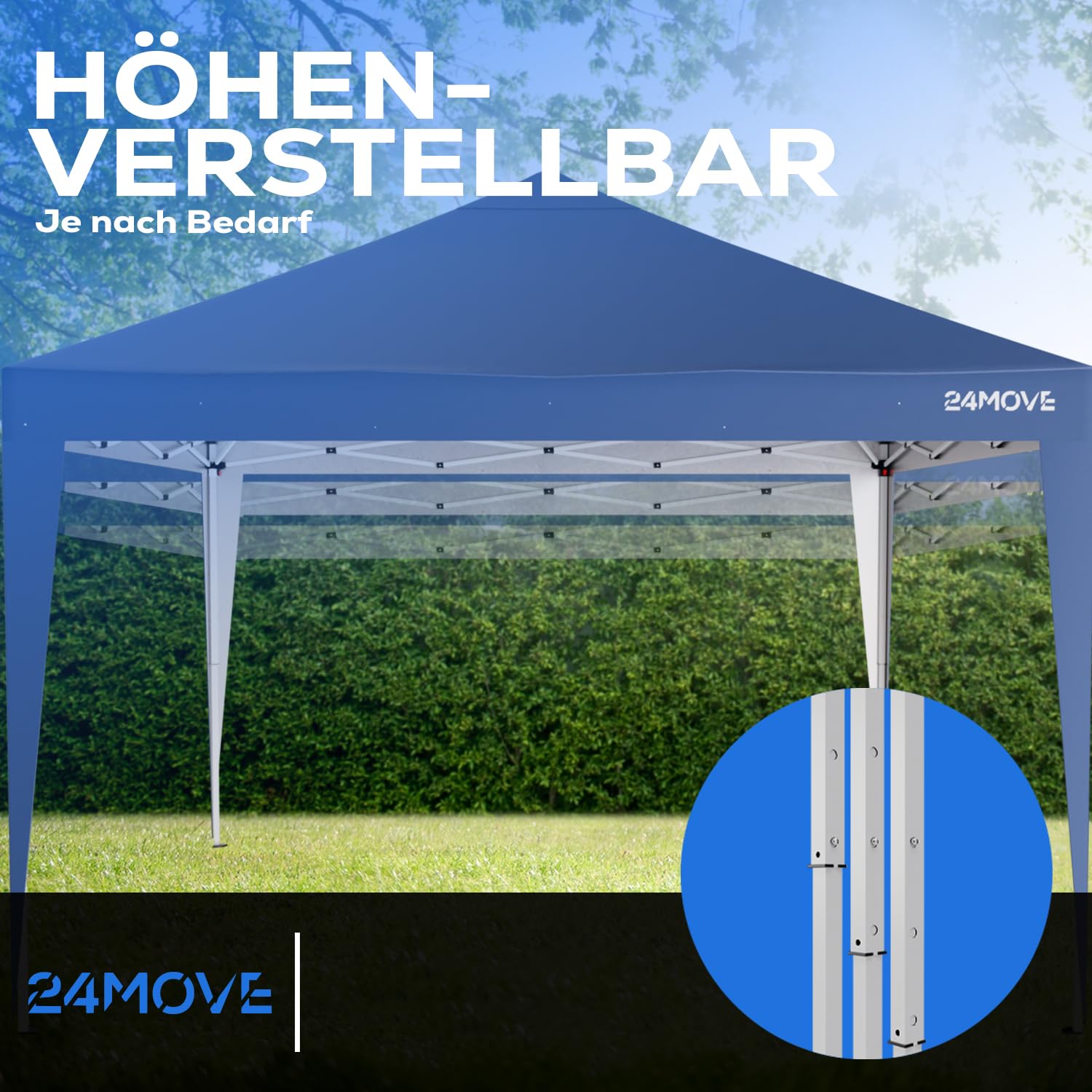 24MOVE® Pavillon Santos 3x3m Pop-Up UV-Schutz 50+ Wasserdicht & Winterfest mit Tasche faltbar & stabil, für Camping & Garten Faltpavillon - Partyzelt Blau