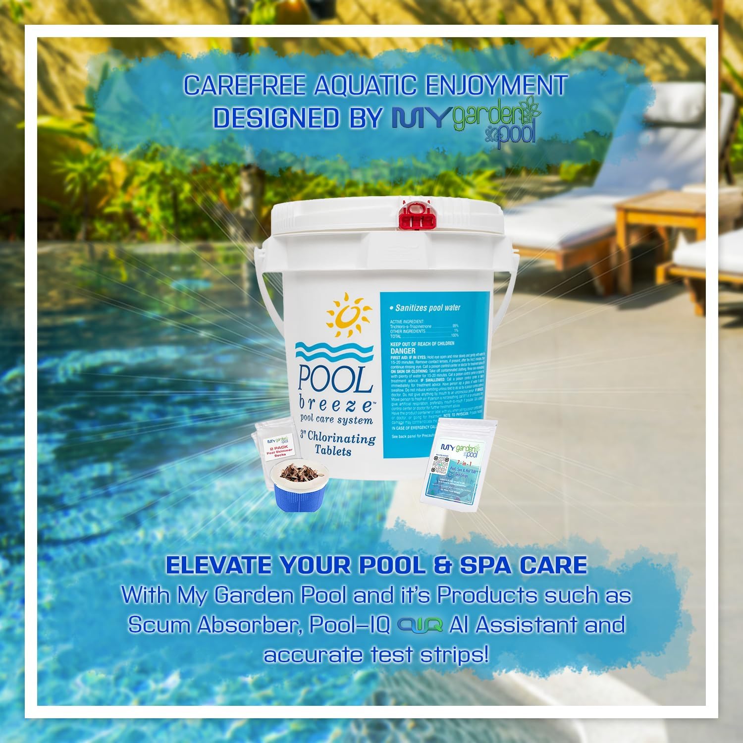 Pool Breeze 3" Chlorinating Tablets 88417 – 5 lb – Compact Pool Chlorine Tabs – with My Garden Pool 7 in 1 Test Strips & Scum Socks
