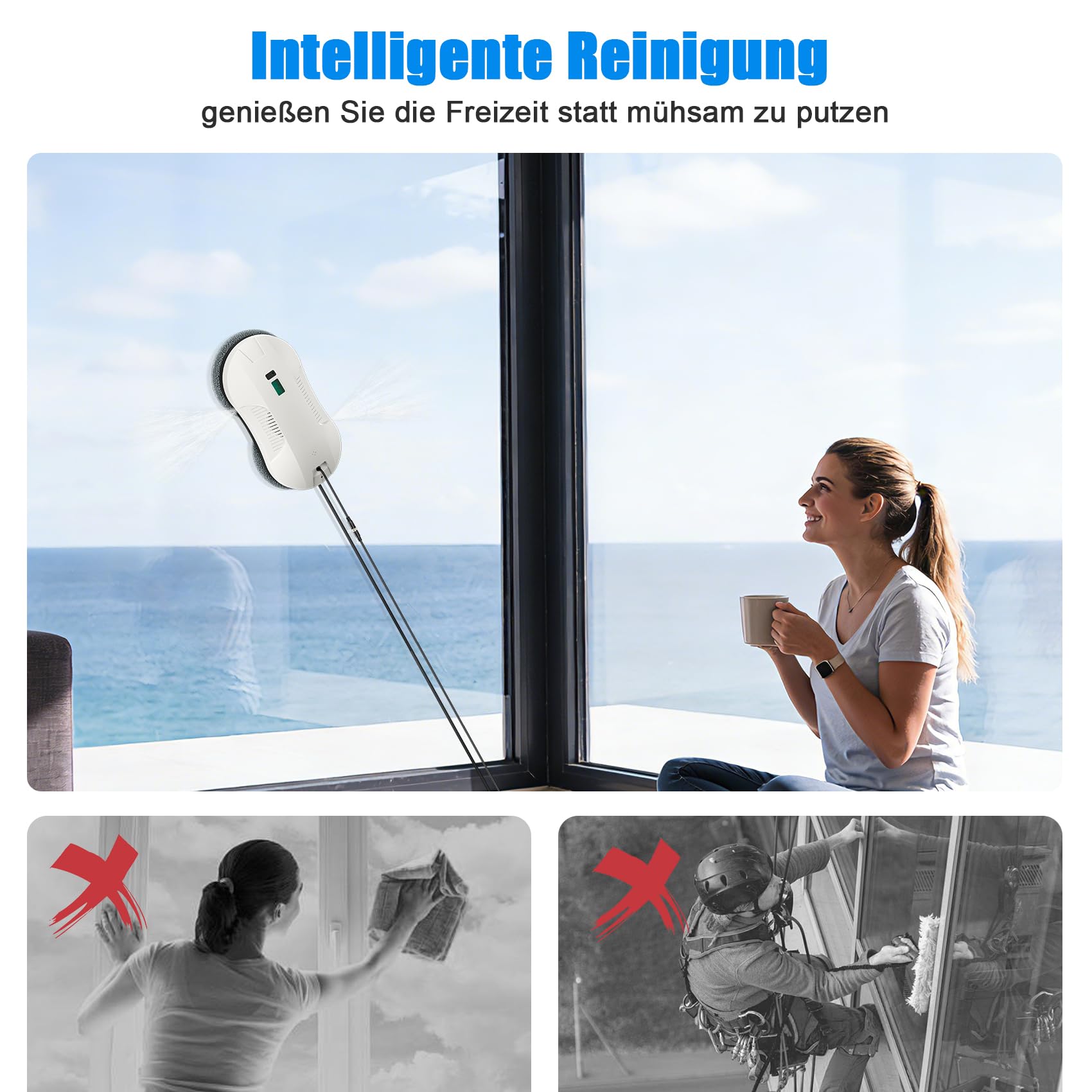 Fensterputzroboter mit automatischer Sprühfunktion, intelligenter Navigation & Kantenerkennung, 3 Reinigungsmodi, Fernbedienung, 70ML Tank, Sicherheit & UPS für Fenster, Glas, Spiegel, Fliesen