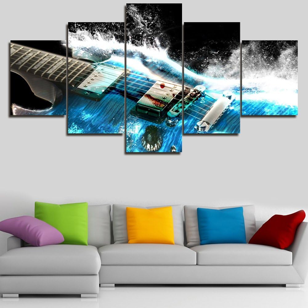 70% Off Discount 5 Pieces Oil Painting Artistic Blue Guitar Water Waves Music Painting Pictures Prints On Canvas Home Kitchen Hall Wall Art Decoration Hanging Framed by Art Gallery-wrapped Ready to Hang(60''Wx32''H)