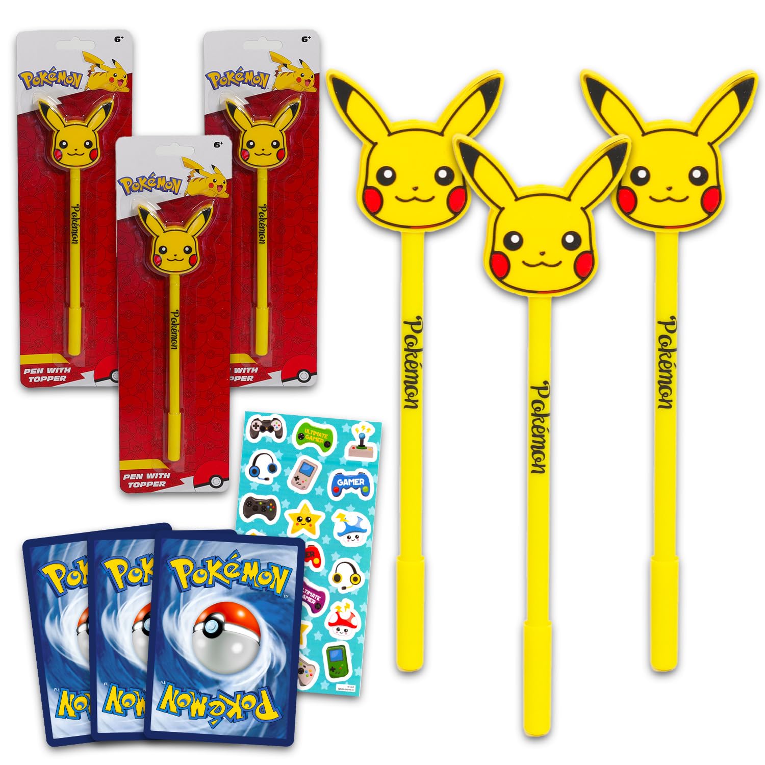 NintendoPokemon Pens Set - Bundle with 3 Pokemon Pens with Pikachu Head Topper, Pokemon Cards, and More | Pokemon Office Supplies